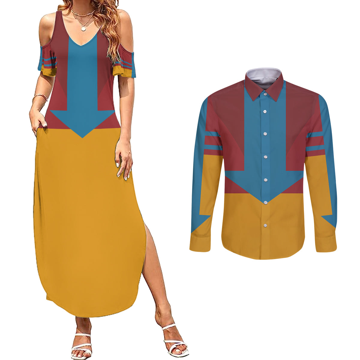 Avatar Aang Airbending Couples Matching Summer Maxi Dress and Long Sleeve Button Shirt