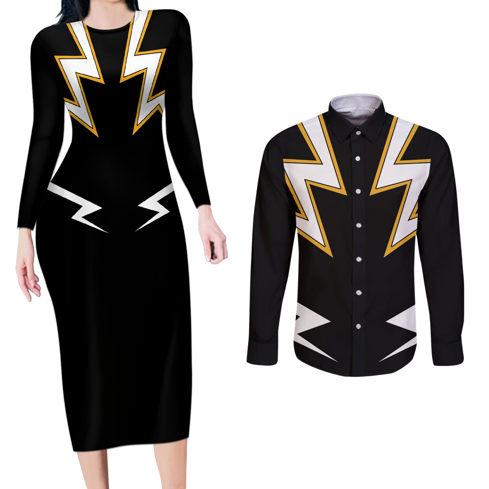 Denki Kaminari - Hero Anime Couples Matching Long Sleeve Bodycon Dress and Long Sleeve Button Shirt