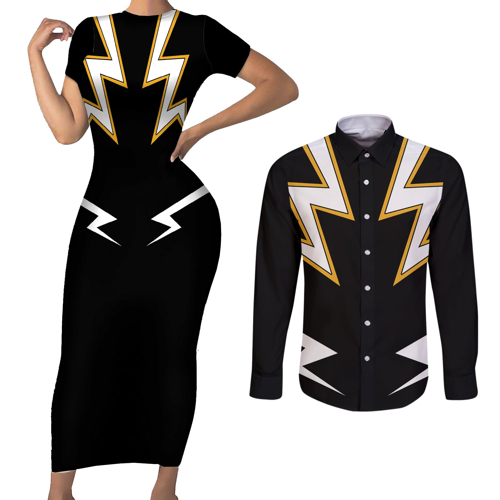 Denki Kaminari - Hero Anime Couples Matching Short Sleeve Bodycon Dress and Long Sleeve Button Shirt