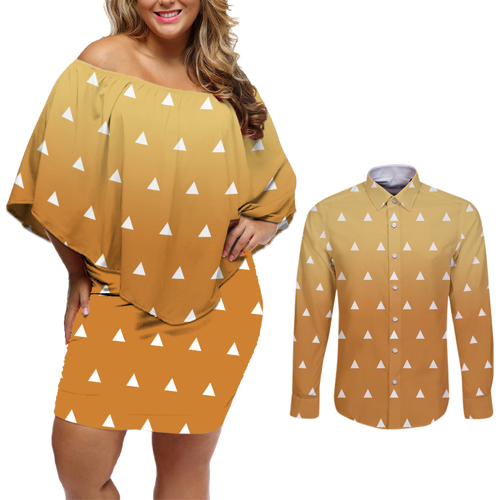 Zenitsu Shirt Design - Pattern Style Couples Matching Off Shoulder Short Dress and Long Sleeve Button Shirt