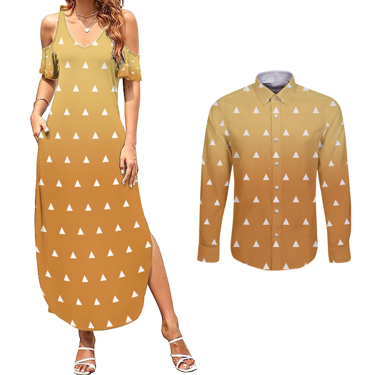 Zenitsu Shirt Design - Pattern Style Couples Matching Summer Maxi Dress and Long Sleeve Button Shirt