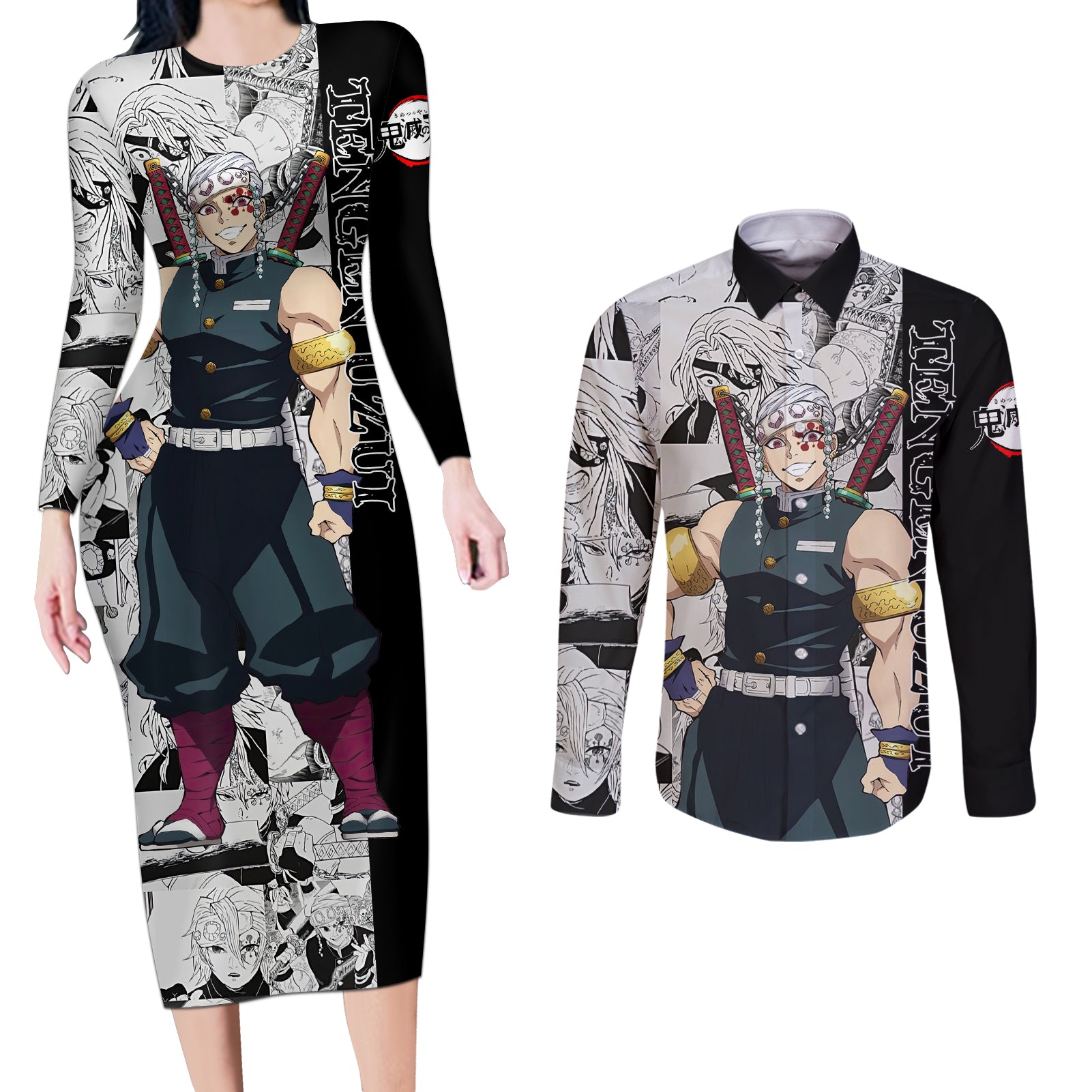 Tengen Uzui - Manga Style Couples Matching Long Sleeve Bodycon Dress and Long Sleeve Button Shirt