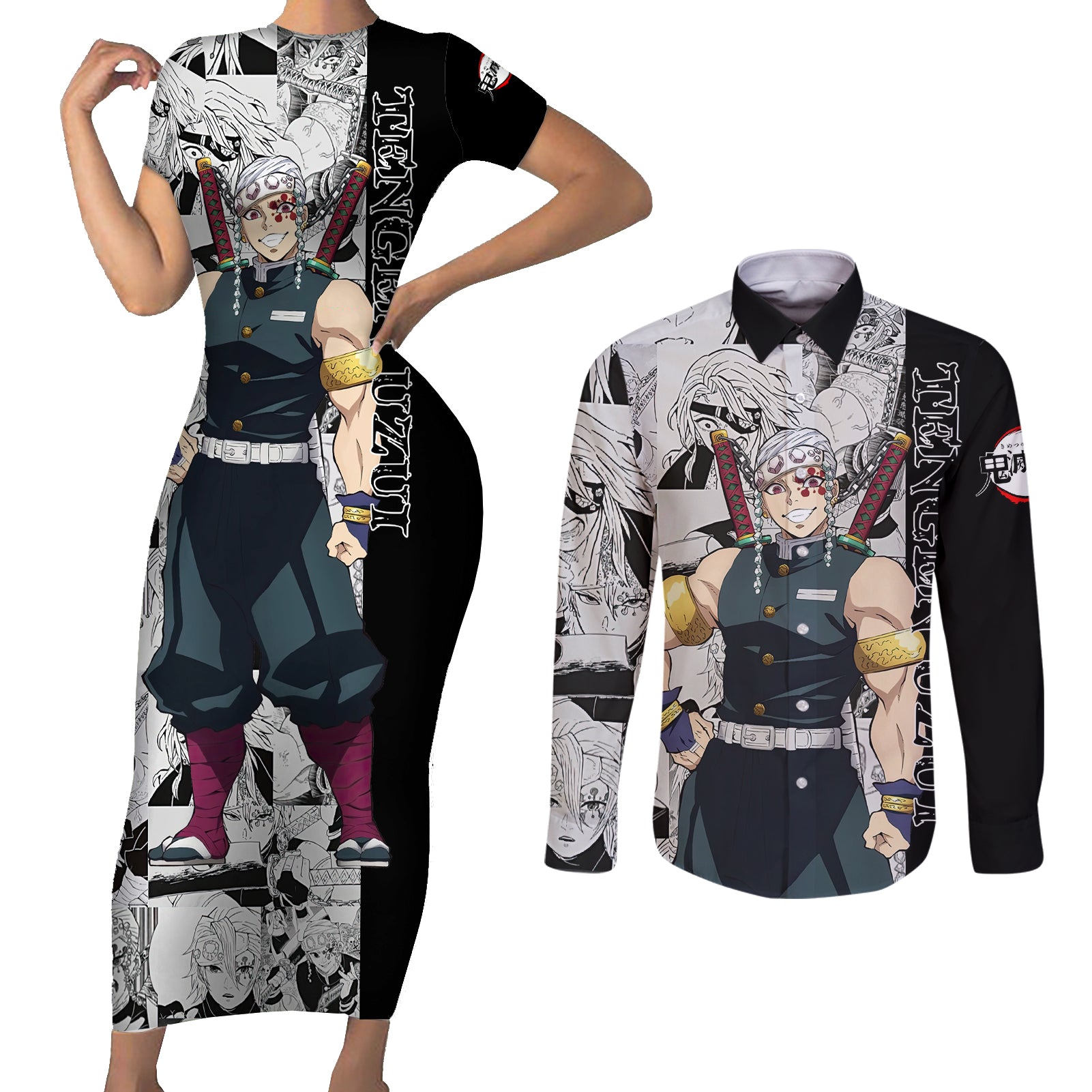 Tengen Uzui - Manga Style Couples Matching Short Sleeve Bodycon Dress and Long Sleeve Button Shirt