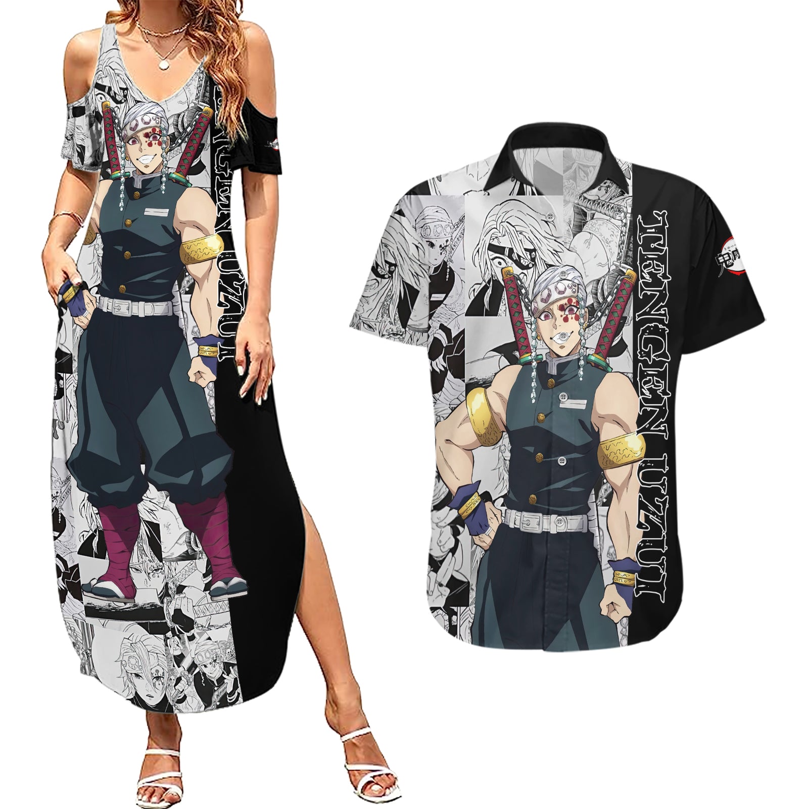 Tengen Uzui - Manga Style Couples Matching Summer Maxi Dress and Hawaiian Shirt