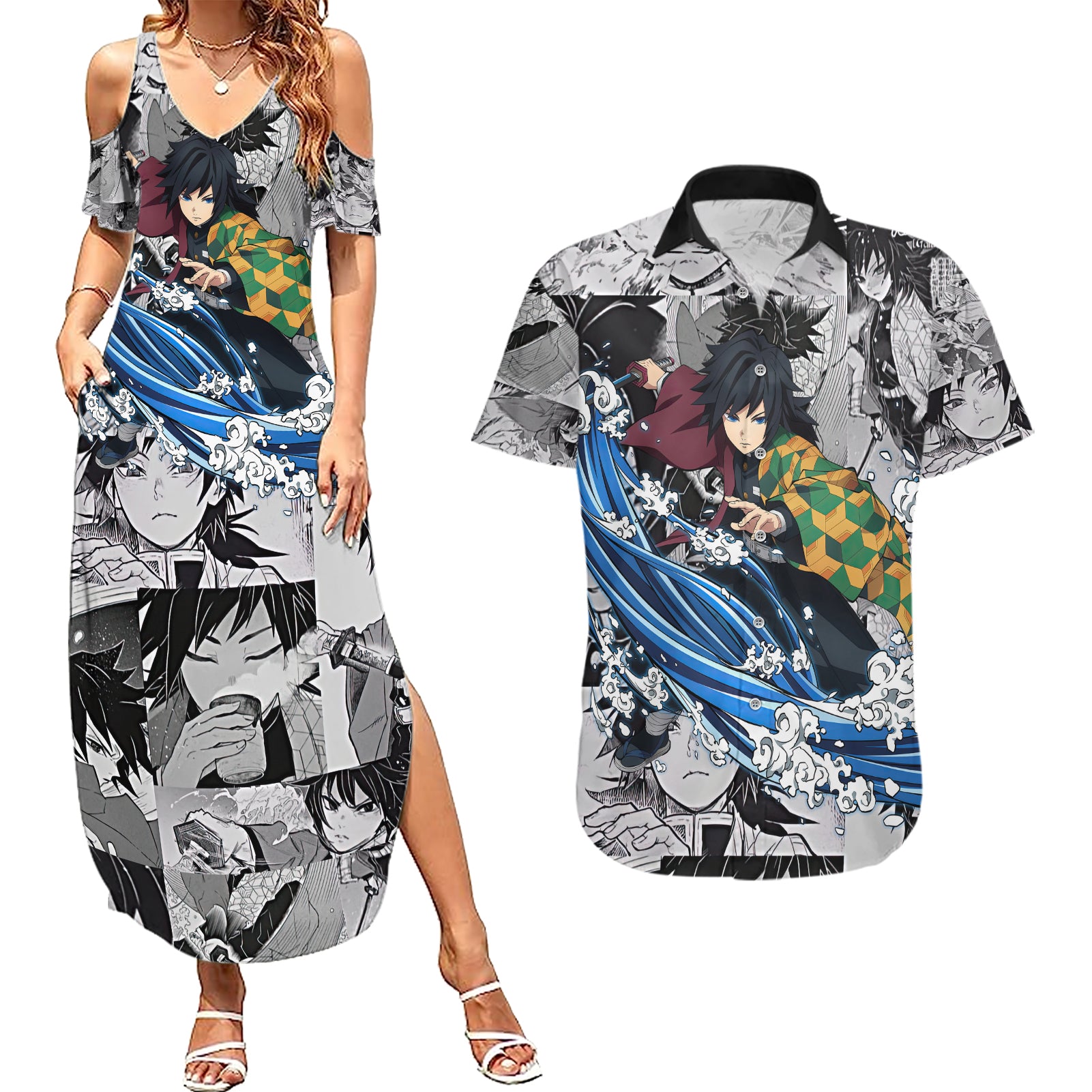 Giyu Tomioka - Demon Slayer Anime Mixed Manga Couples Matching Summer Maxi Dress and Hawaiian Shirt