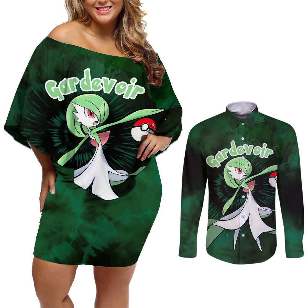 Gardevoir - Tie Dye Style Couples Matching Off Shoulder Short Dress and Long Sleeve Button Shirt