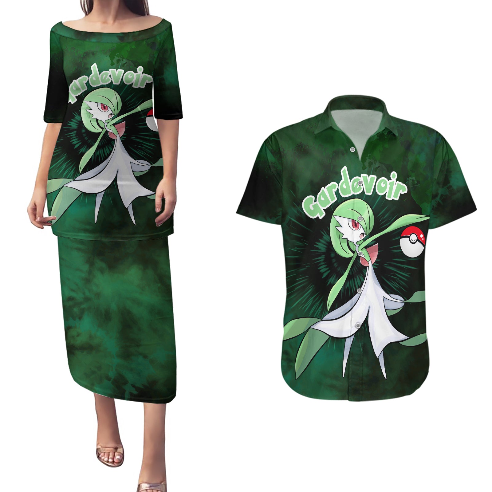 Gardevoir - Tie Dye Style Couples Matching Puletasi and Hawaiian Shirt