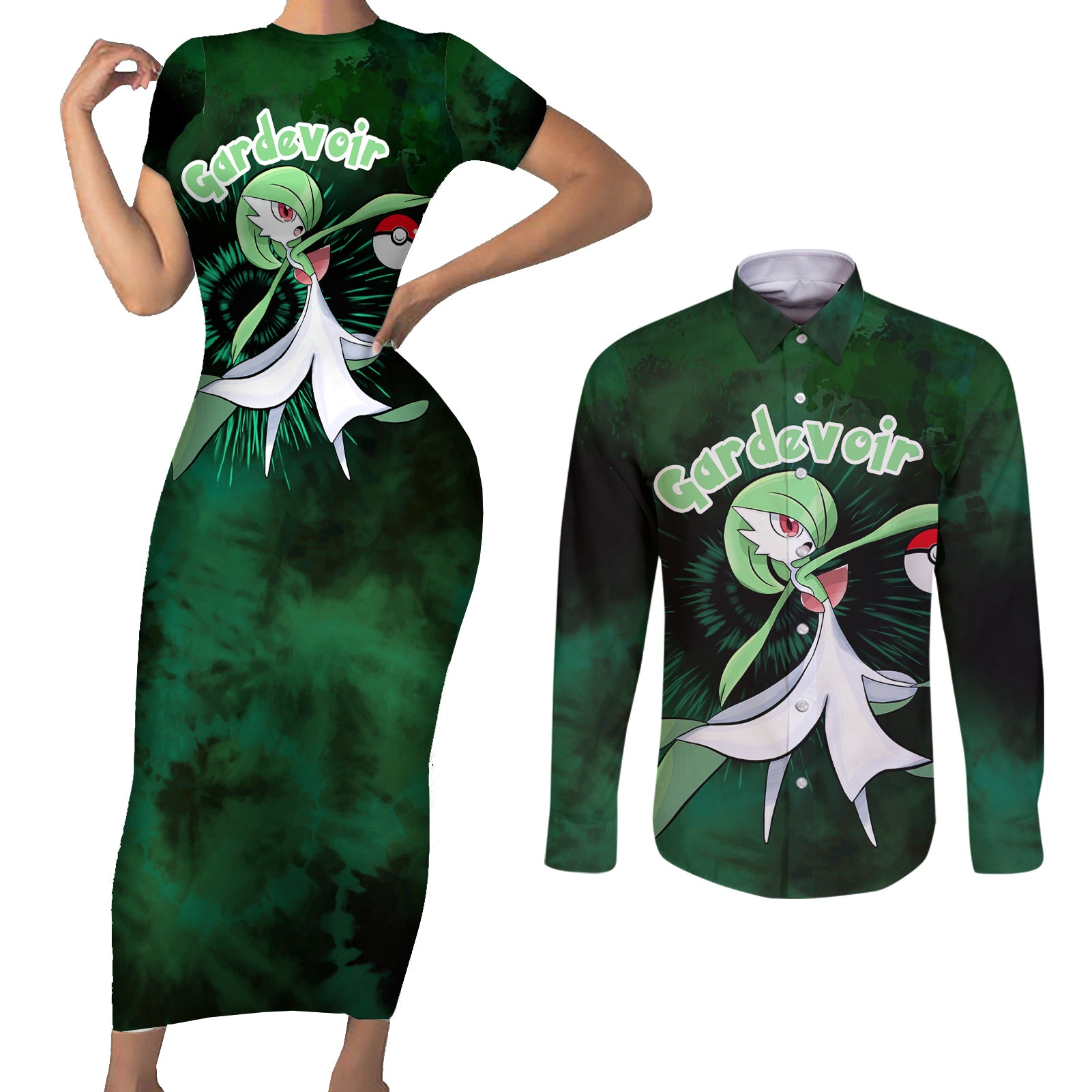 Gardevoir - Tie Dye Style Couples Matching Short Sleeve Bodycon Dress and Long Sleeve Button Shirt