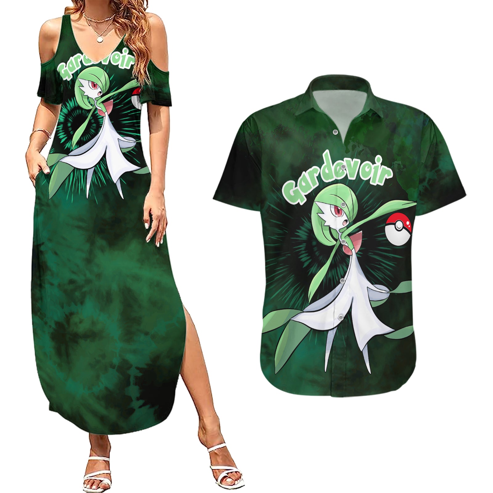 Gardevoir - Tie Dye Style Couples Matching Summer Maxi Dress and Hawaiian Shirt