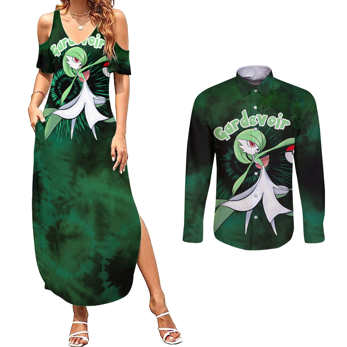 Gardevoir - Tie Dye Style Couples Matching Summer Maxi Dress and Long Sleeve Button Shirt