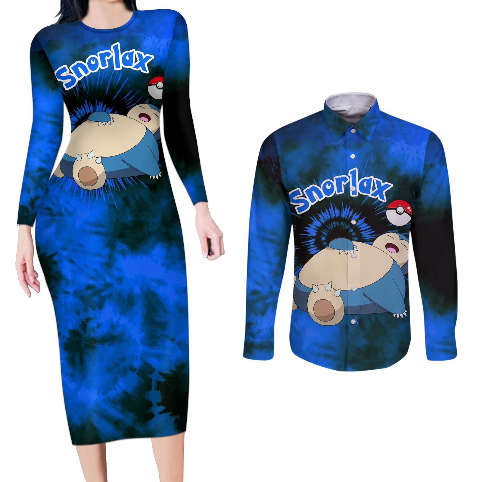 Snorlax - Tie Dye Style Couples Matching Long Sleeve Bodycon Dress and Long Sleeve Button Shirt