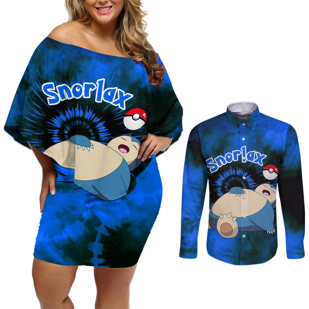 Snorlax - Tie Dye Style Couples Matching Off Shoulder Short Dress and Long Sleeve Button Shirt