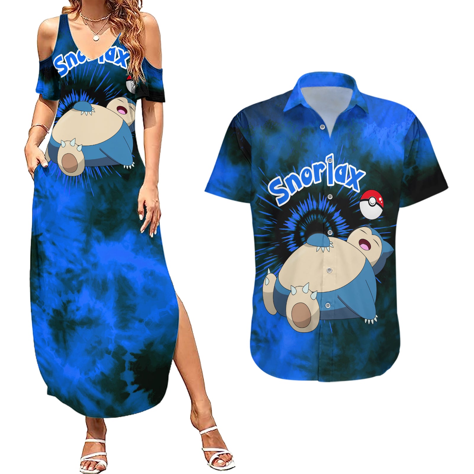 Snorlax - Tie Dye Style Couples Matching Summer Maxi Dress and Hawaiian Shirt