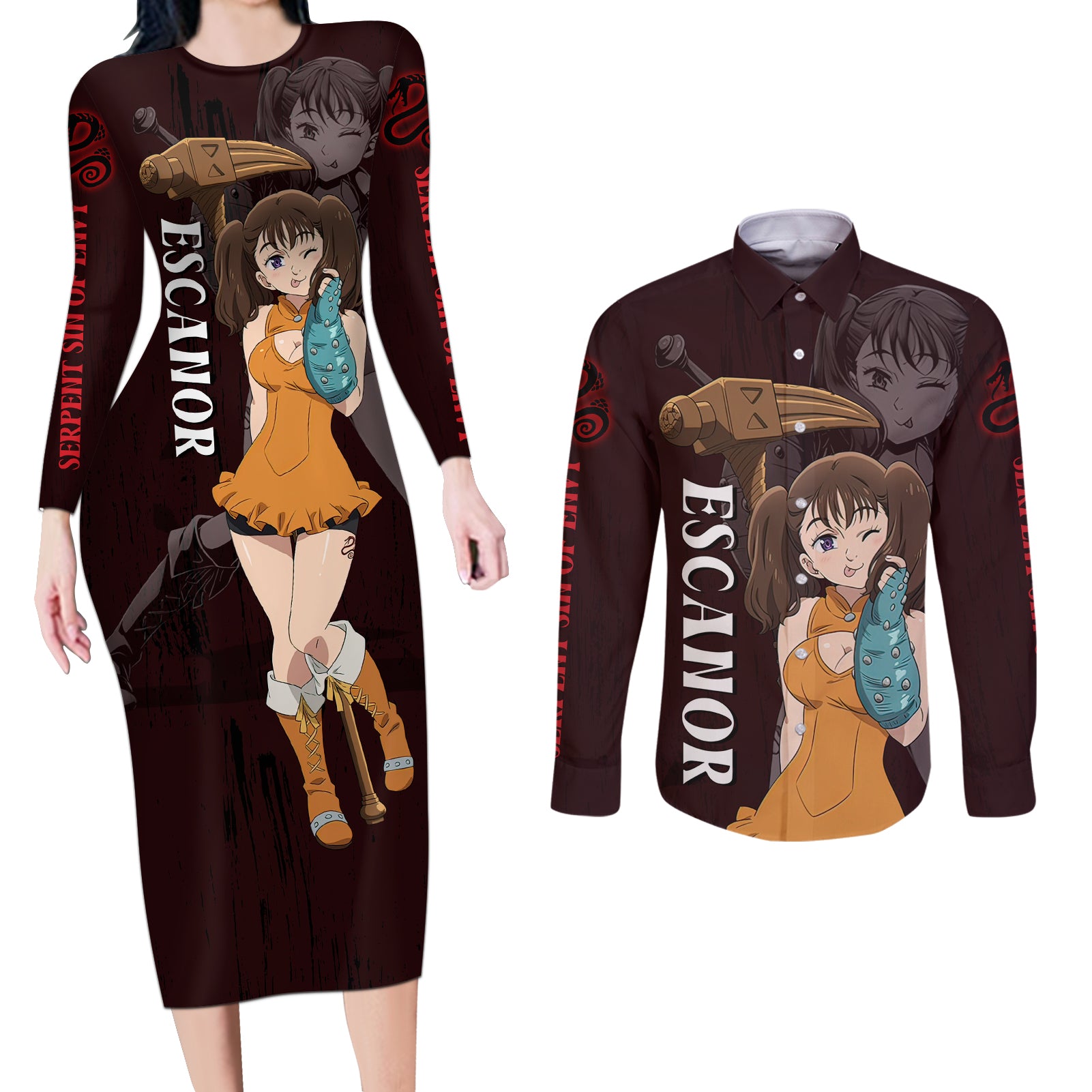 Serpent Sin of Envy Diane Couples Matching Long Sleeve Bodycon Dress and Long Sleeve Button Shirt