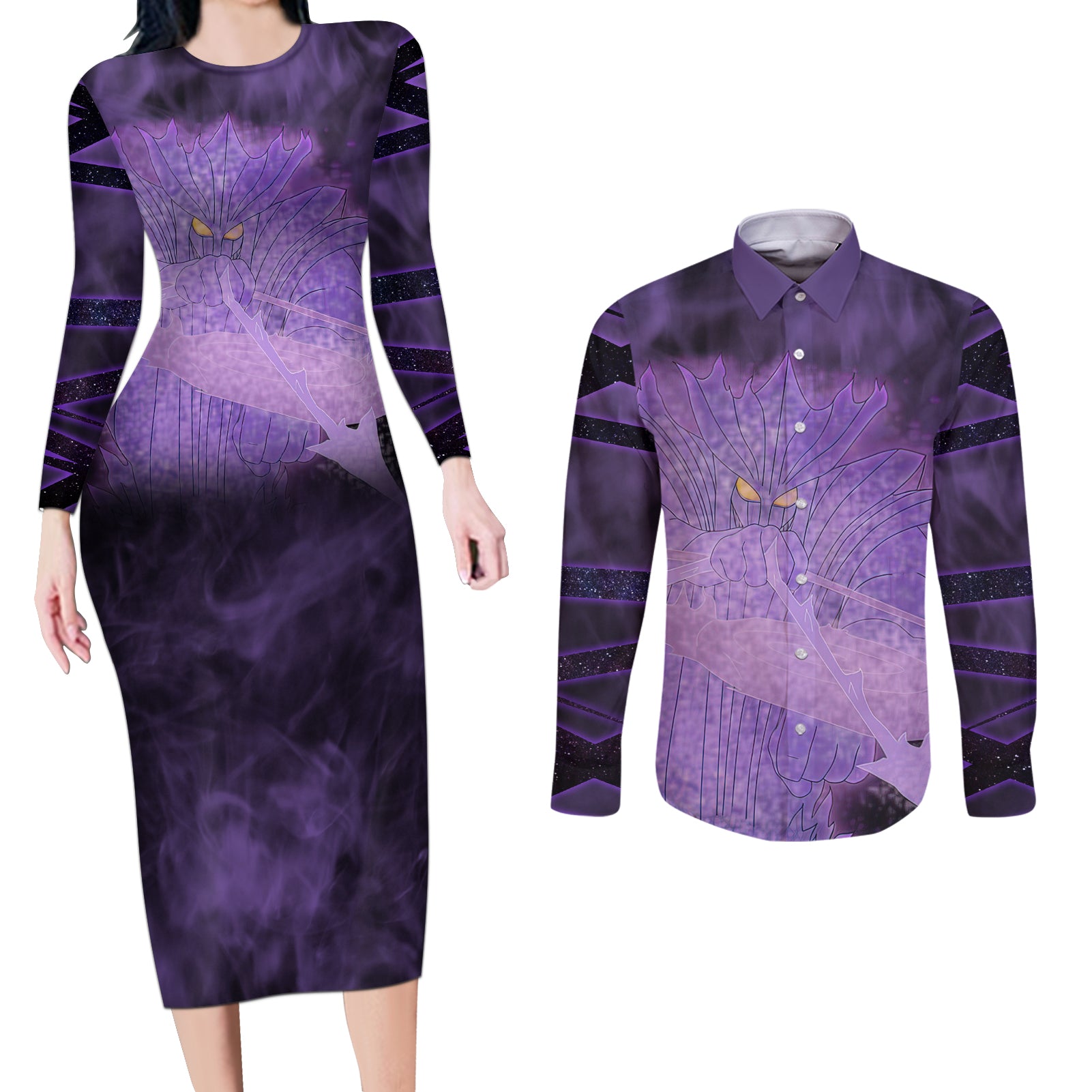 Sasuke Susanoo Couples Matching Long Sleeve Bodycon Dress and Long Sleeve Button Shirt Naruto