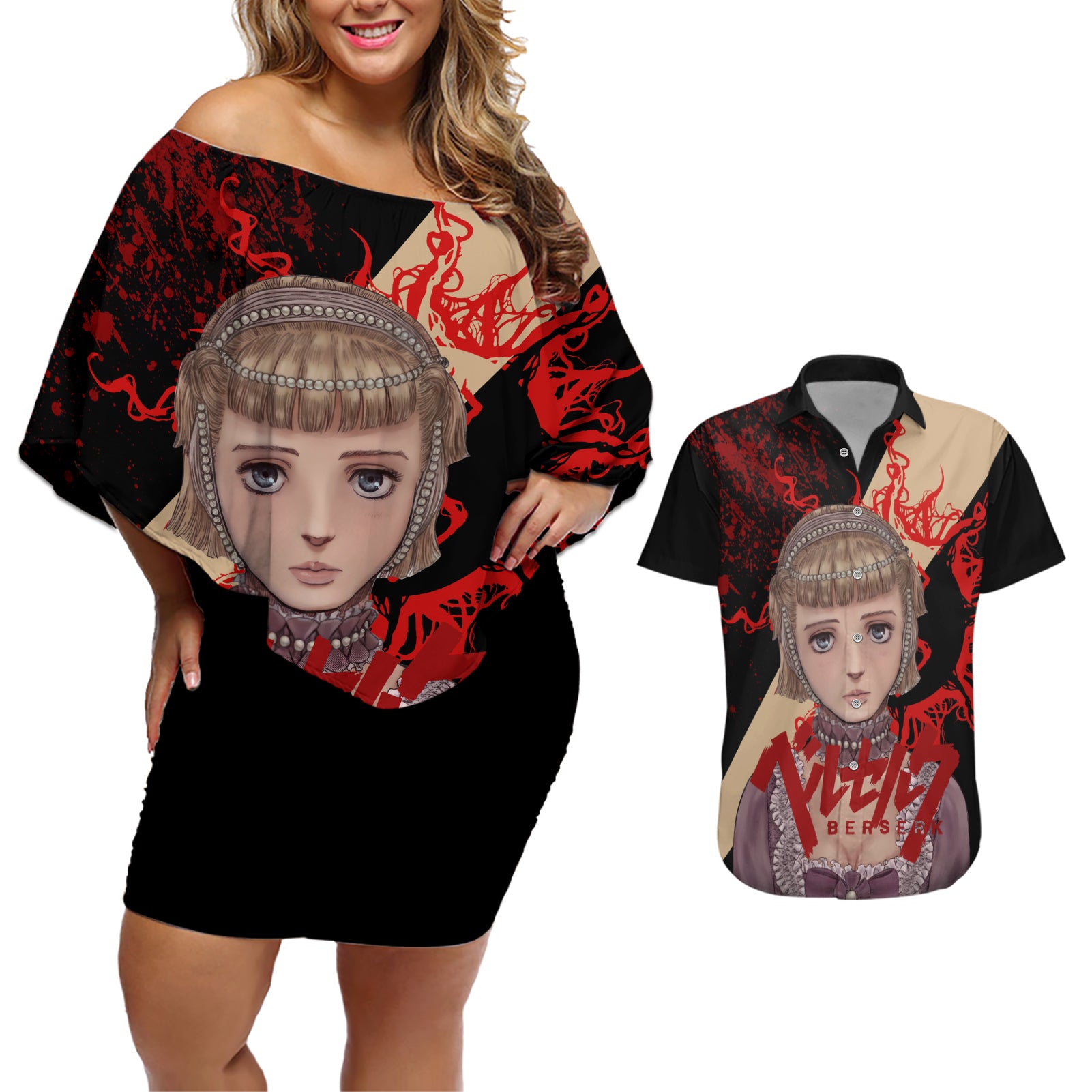 Farnese de Vandimion Berserk Couples Matching Off Shoulder Short Dress and Hawaiian Shirt Black Blood Style