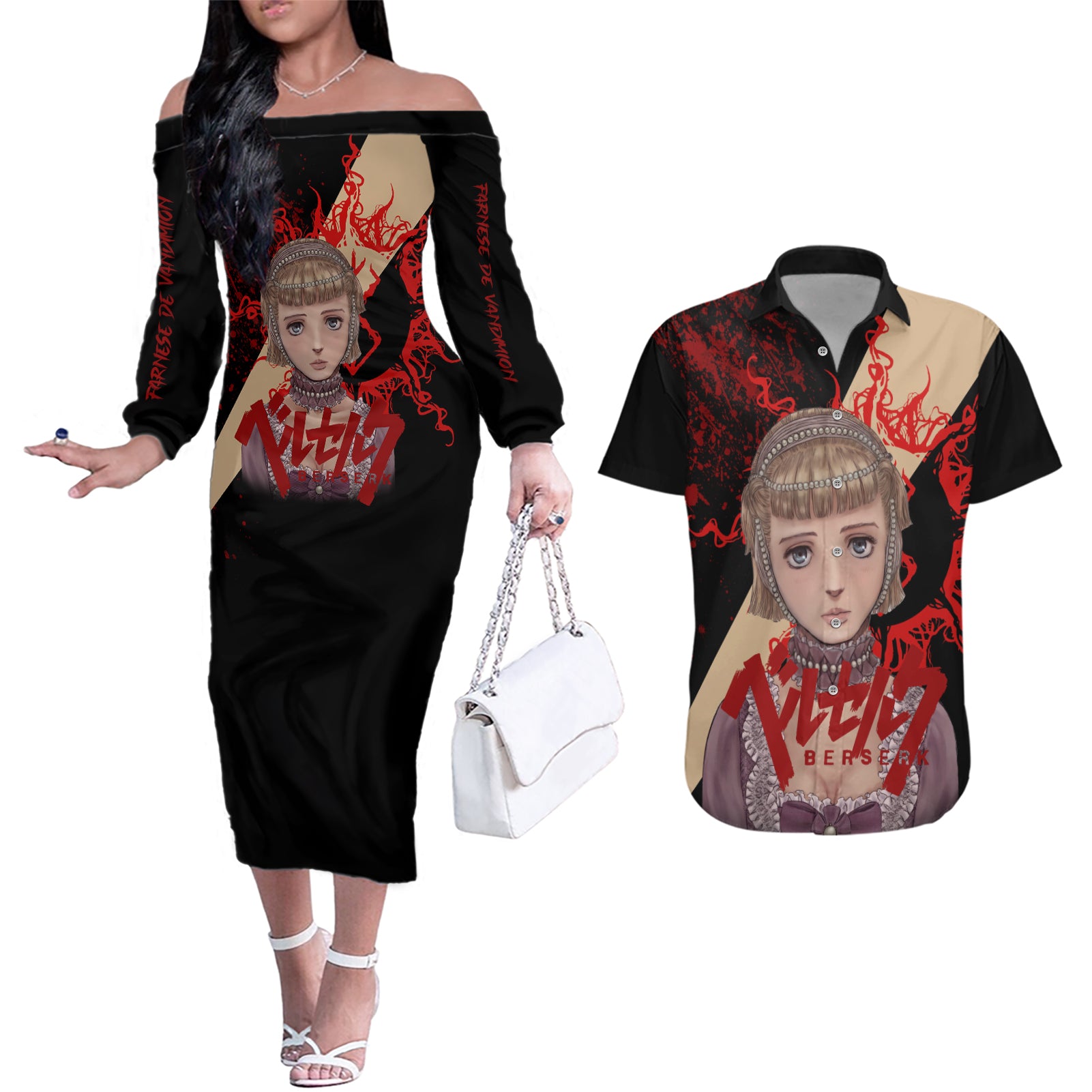 Farnese de Vandimion Berserk Couples Matching Off The Shoulder Long Sleeve Dress and Hawaiian Shirt Black Blood Style