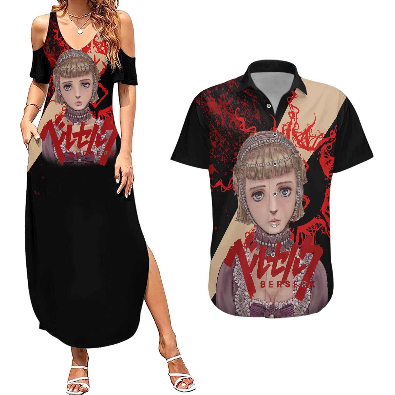 Farnese de Vandimion Berserk Couples Matching Summer Maxi Dress and Hawaiian Shirt Black Blood Style