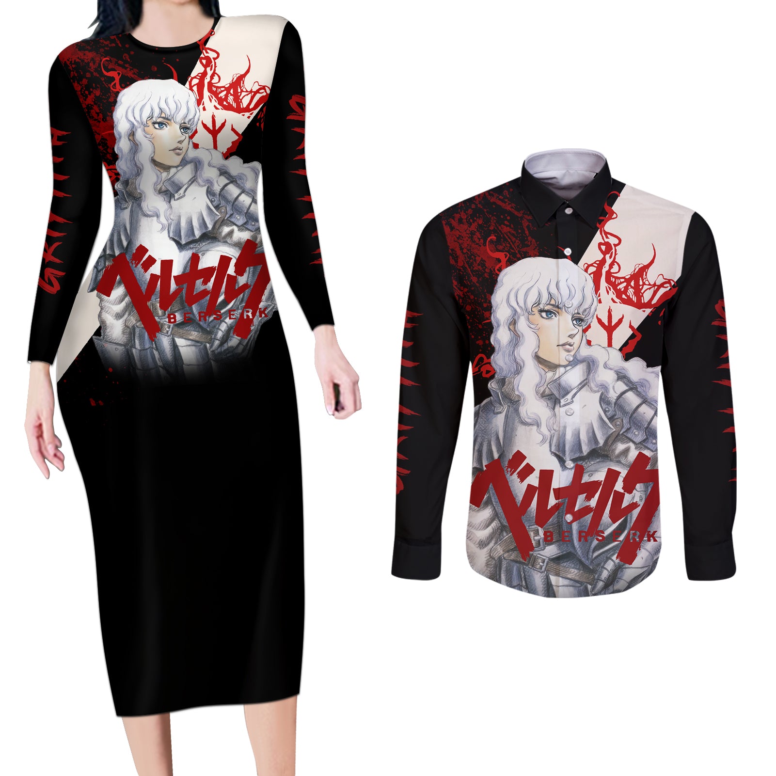 Griffith Berserk Couples Matching Long Sleeve Bodycon Dress and Long Sleeve Button Shirt Black Blood Style