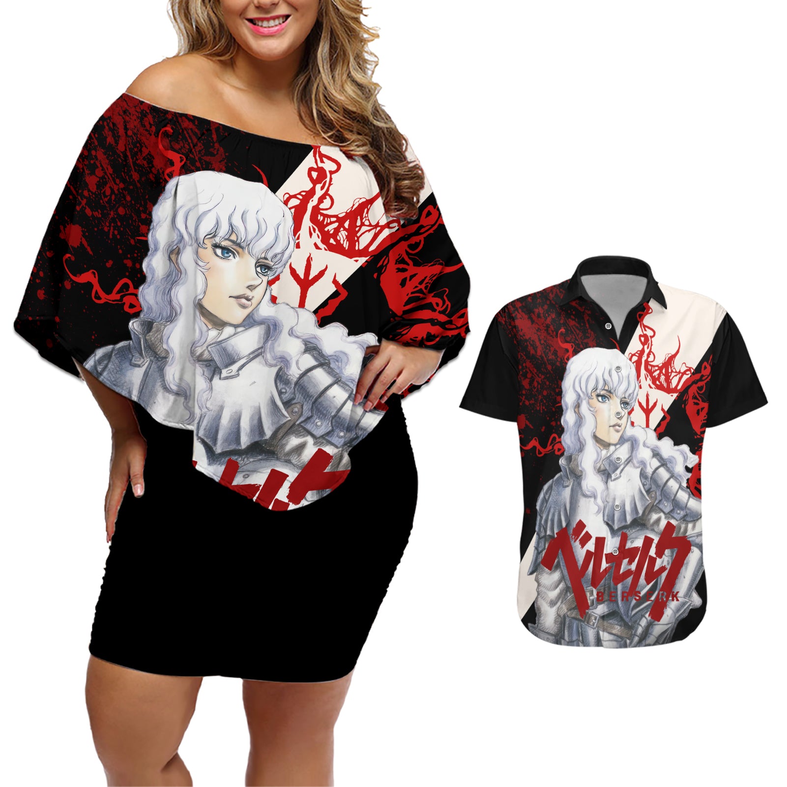 Griffith Berserk Couples Matching Off Shoulder Short Dress and Hawaiian Shirt Black Blood Style