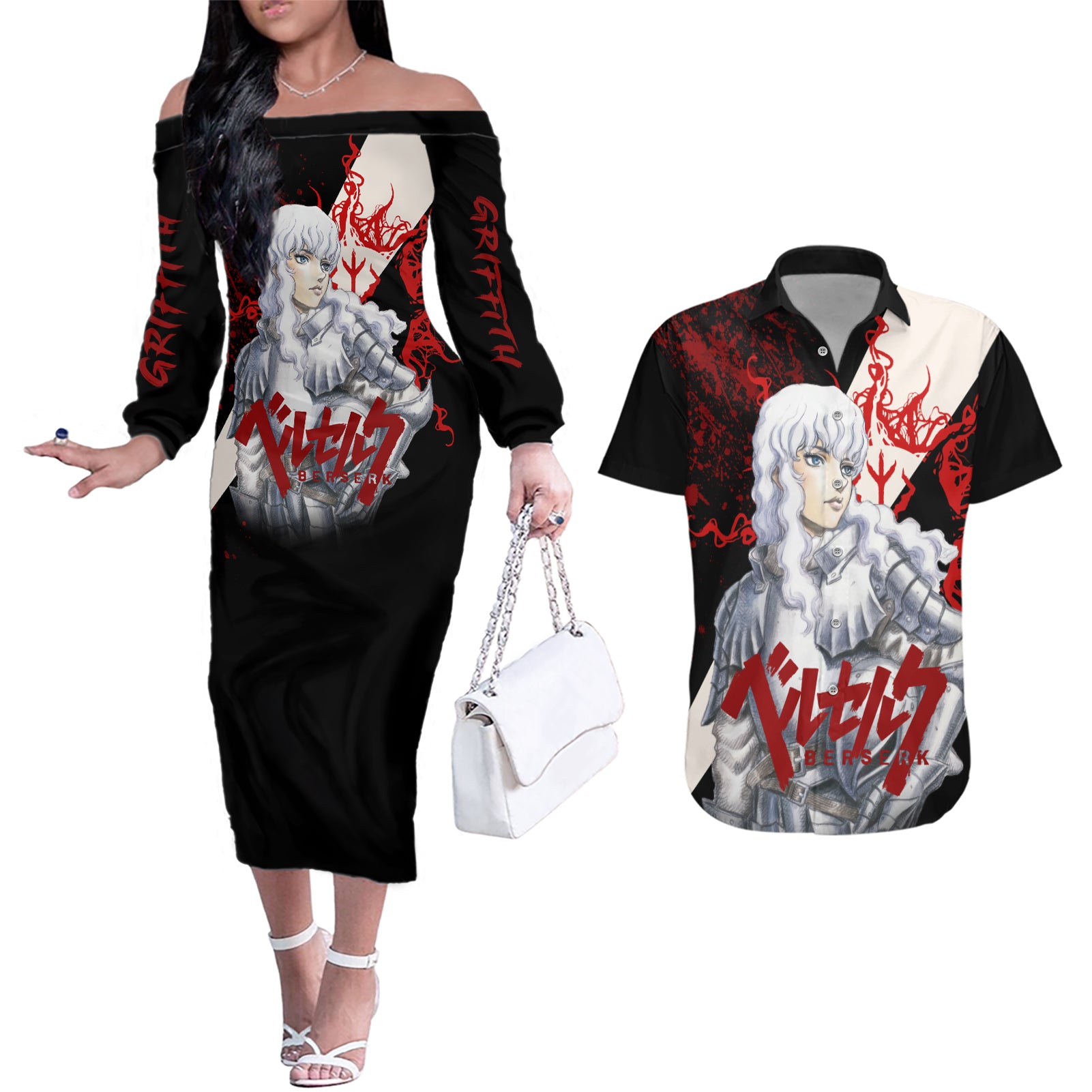 Griffith Berserk Couples Matching Off The Shoulder Long Sleeve Dress and Hawaiian Shirt Black Blood Style