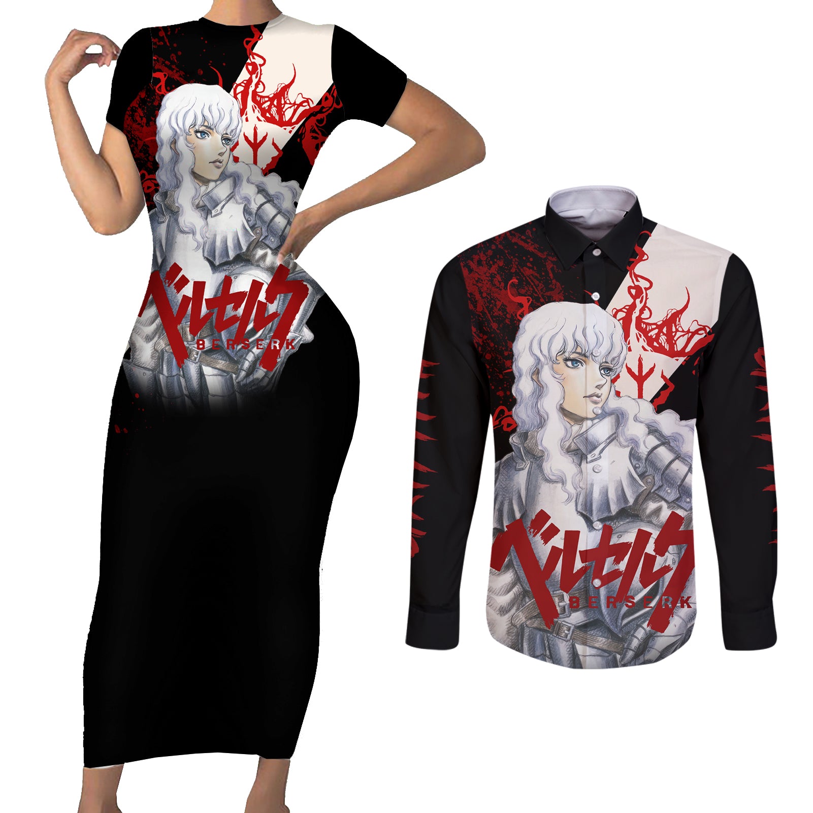 Griffith Berserk Couples Matching Short Sleeve Bodycon Dress and Long Sleeve Button Shirt Black Blood Style