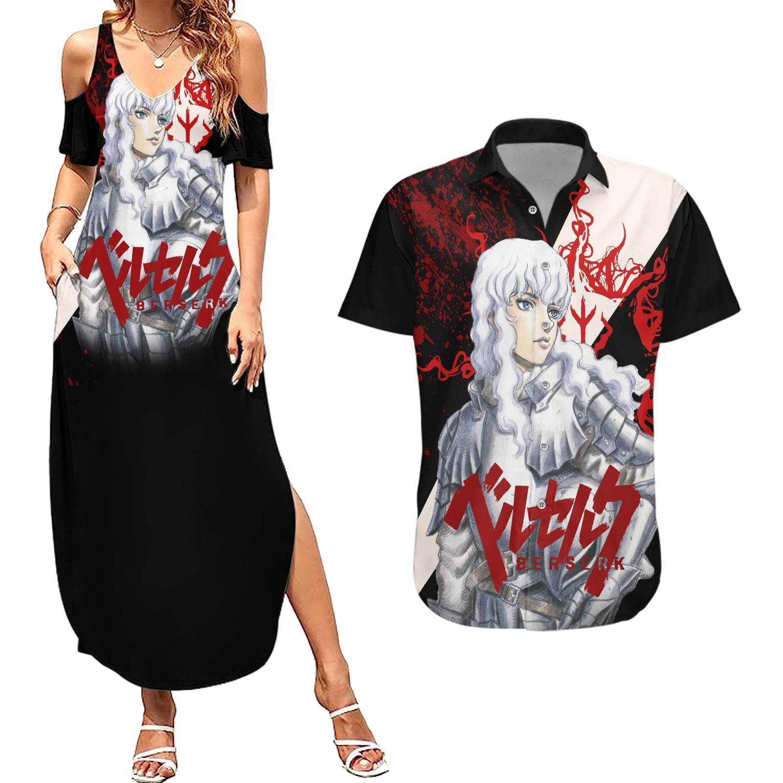 Griffith Berserk Couples Matching Summer Maxi Dress and Hawaiian Shirt Black Blood Style