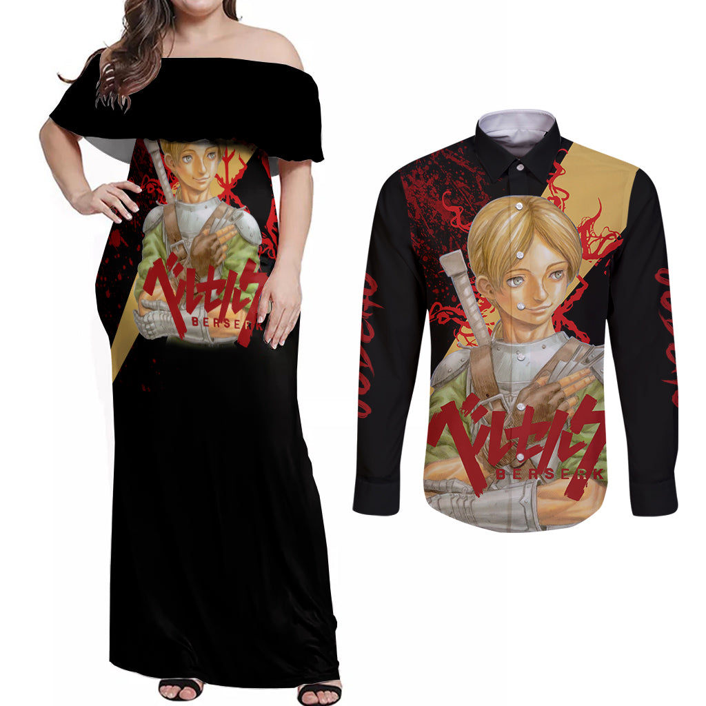 Judeau Berserk Couples Matching Off Shoulder Maxi Dress and Long Sleeve Button Shirt Black Blood Style