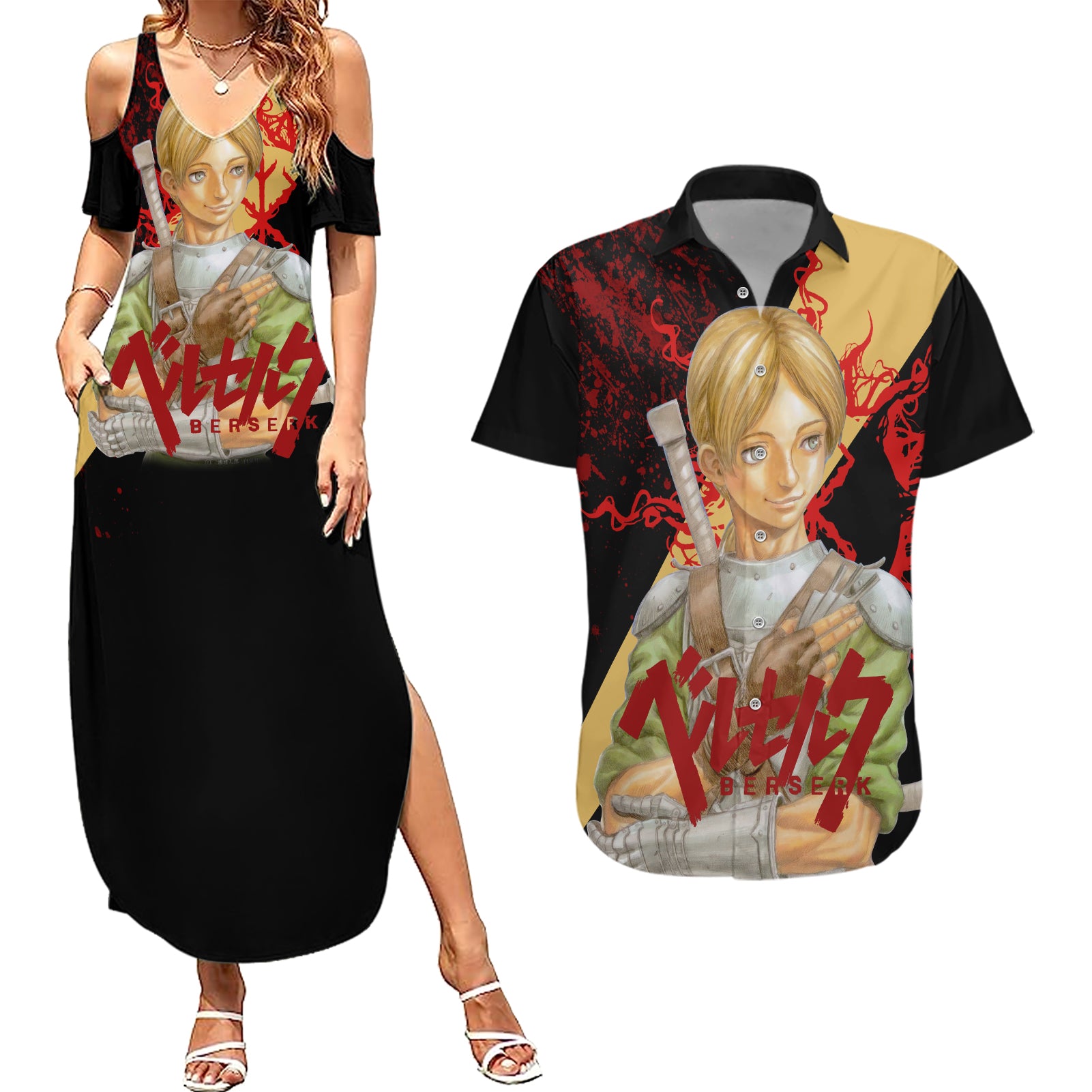 Judeau Berserk Couples Matching Summer Maxi Dress and Hawaiian Shirt Black Blood Style