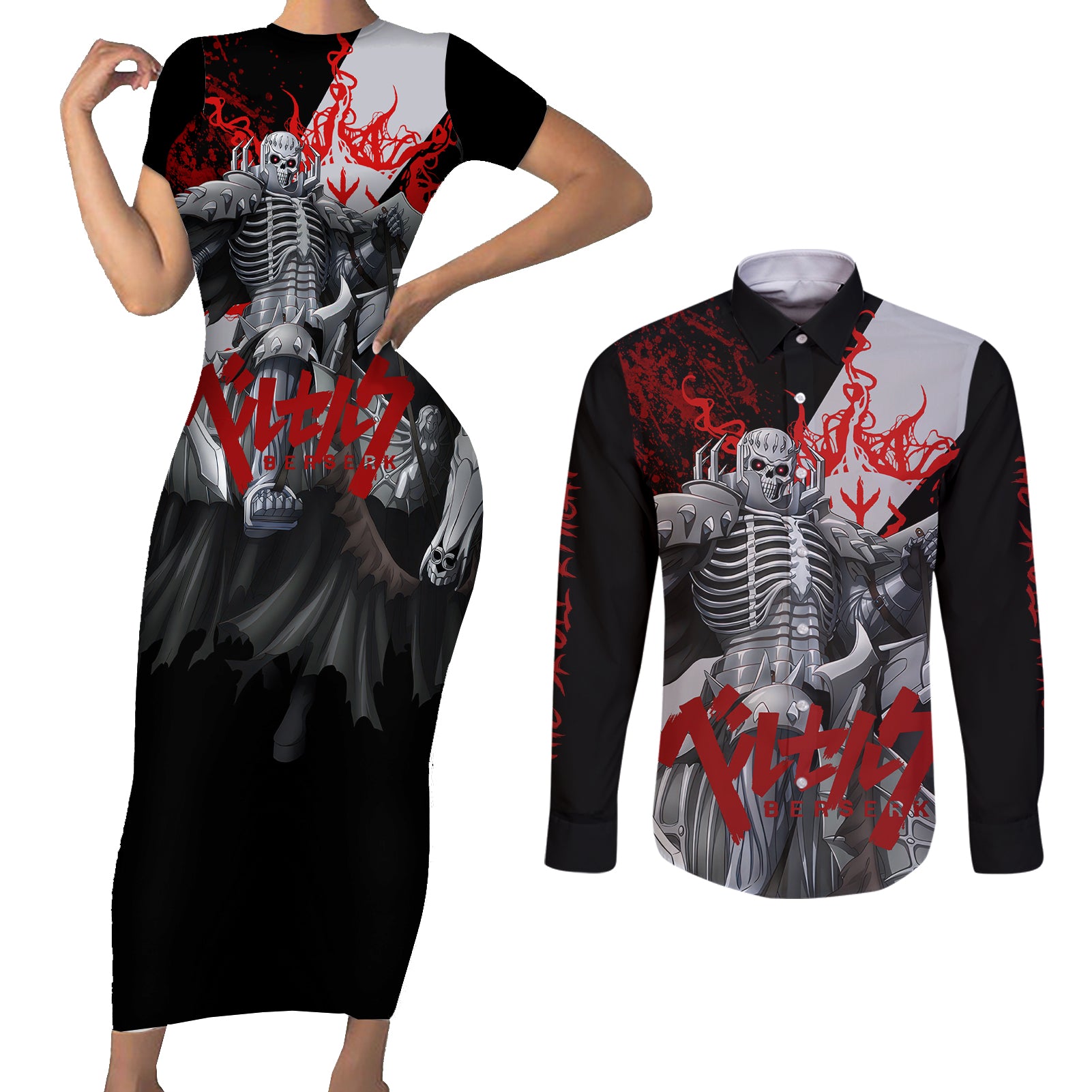 The Skull Knight Berserk Couples Matching Short Sleeve Bodycon Dress and Long Sleeve Button Shirt Black Blood Style