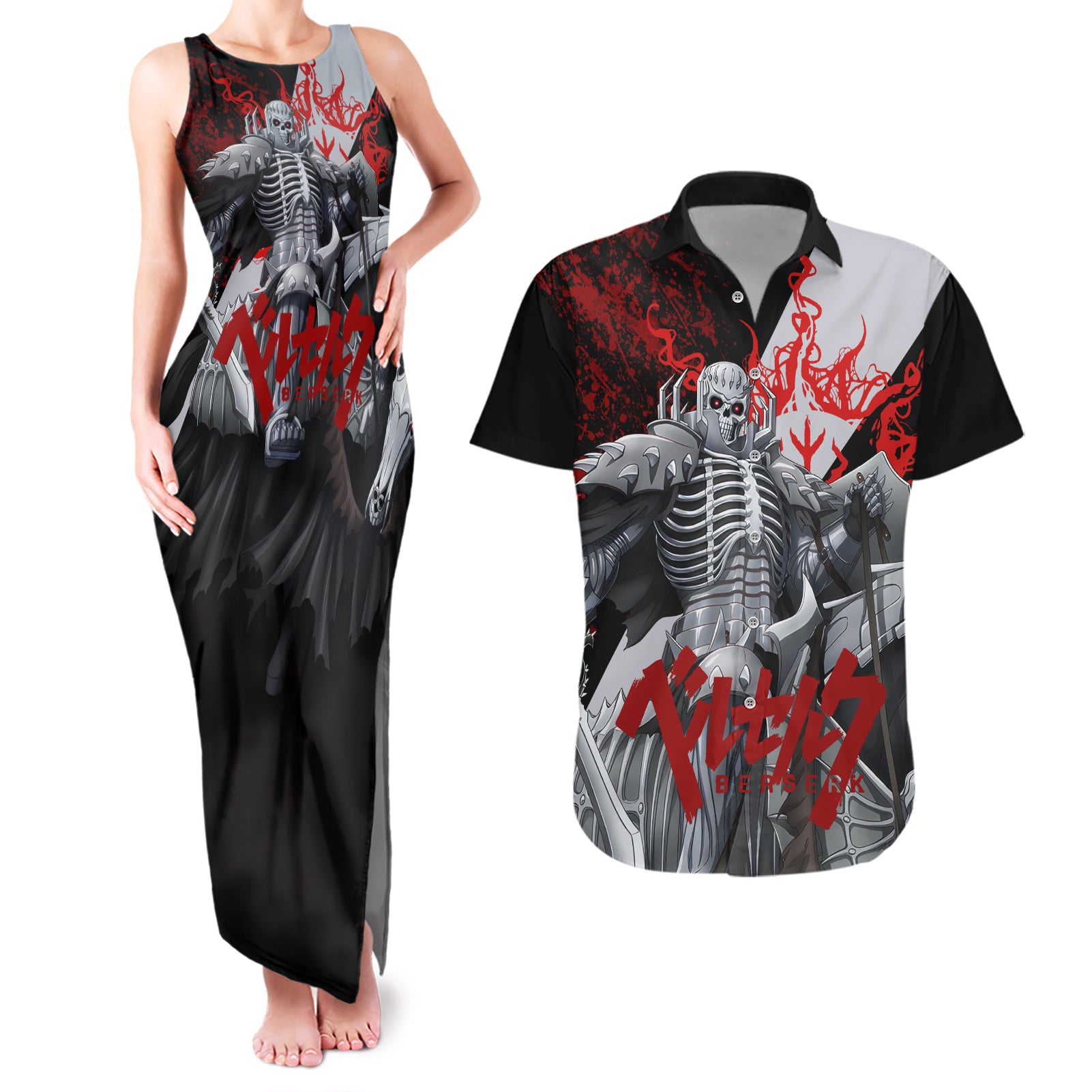 The Skull Knight Berserk Couples Matching Tank Maxi Dress and Hawaiian Shirt Black Blood Style