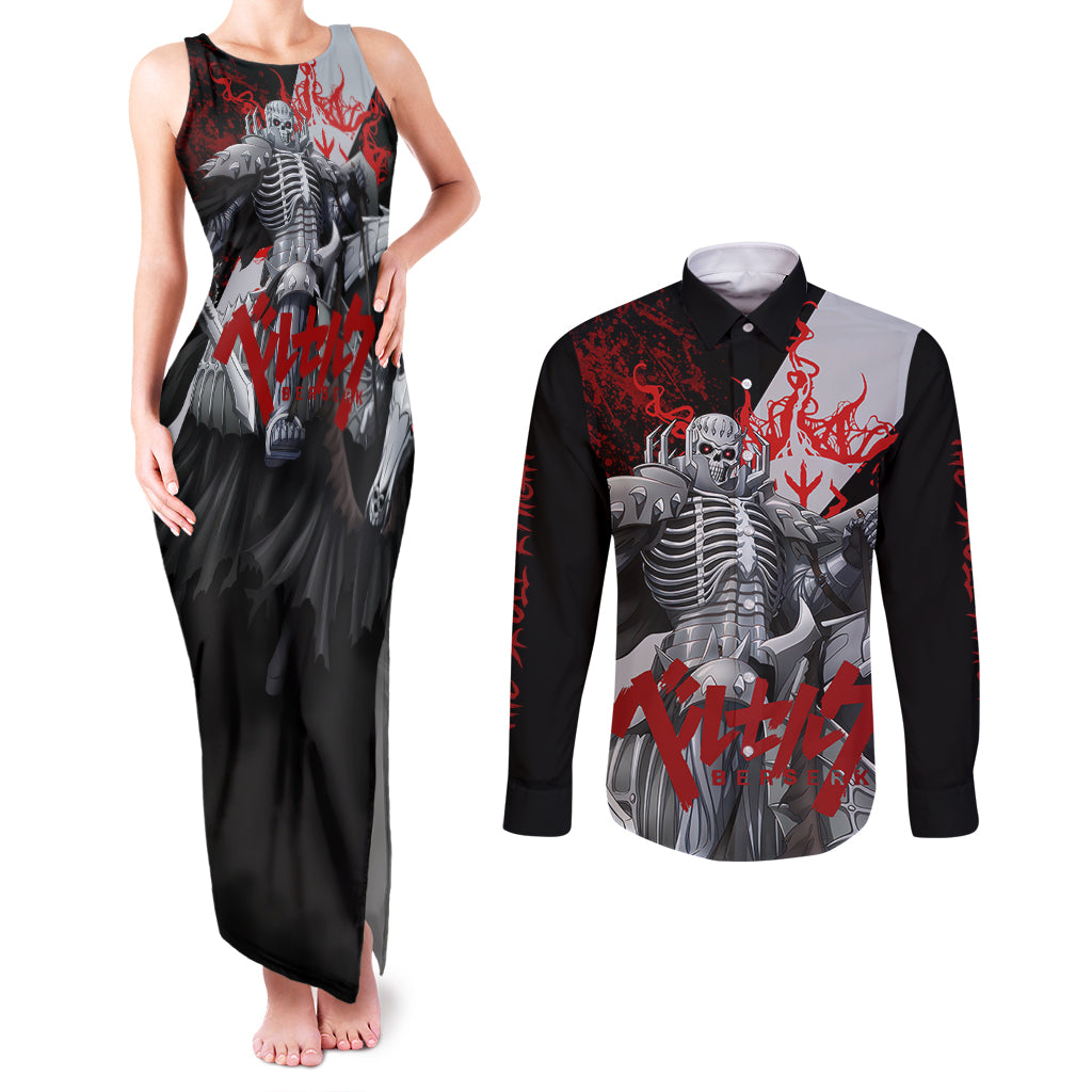 The Skull Knight Berserk Couples Matching Tank Maxi Dress and Long Sleeve Button Shirt Black Blood Style