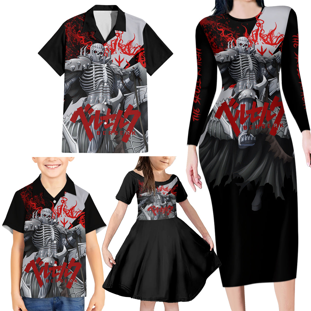 The Skull Knight Berserk Family Matching Long Sleeve Bodycon Dress and Hawaiian Shirt Black Blood Style