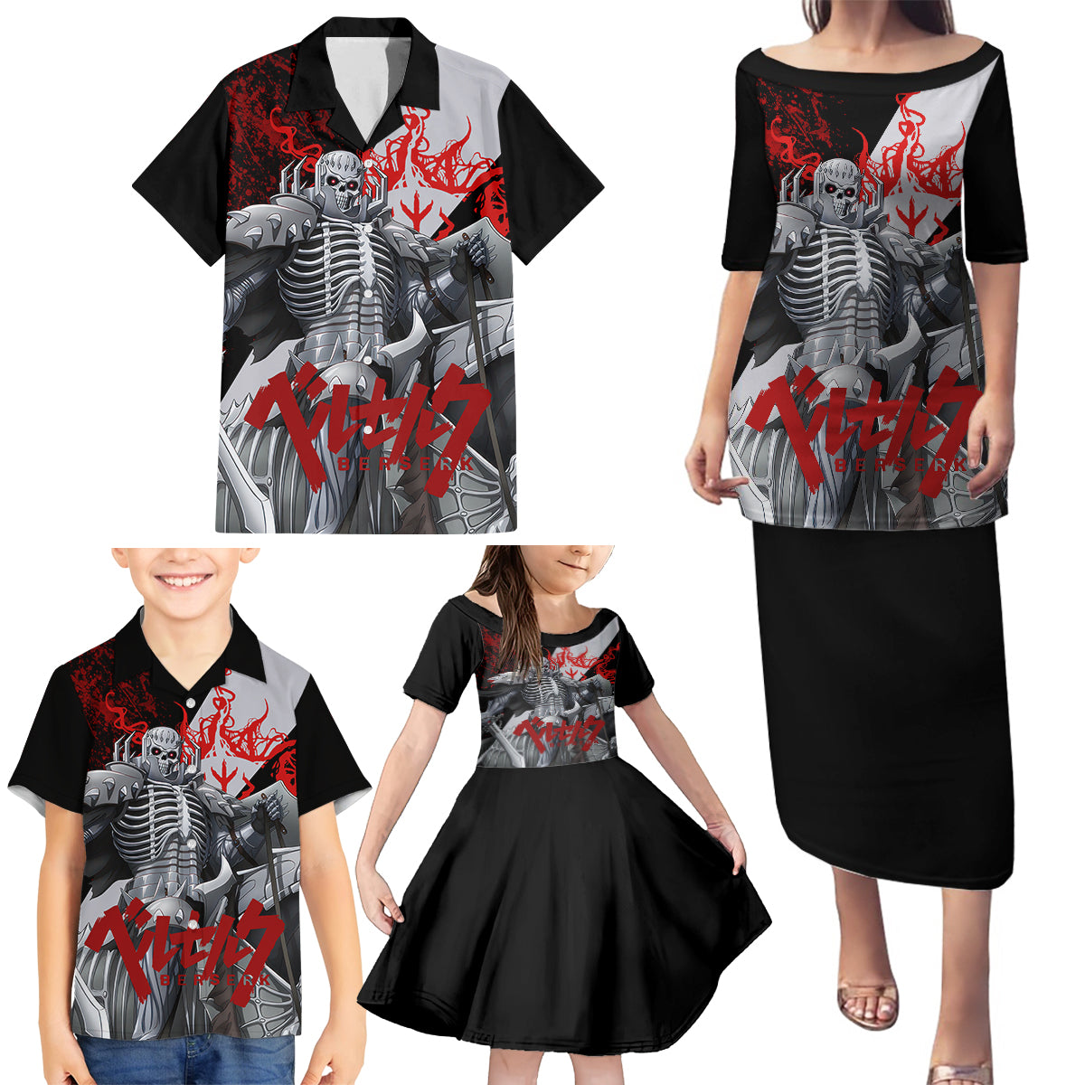 The Skull Knight Berserk Family Matching Puletasi and Hawaiian Shirt Black Blood Style