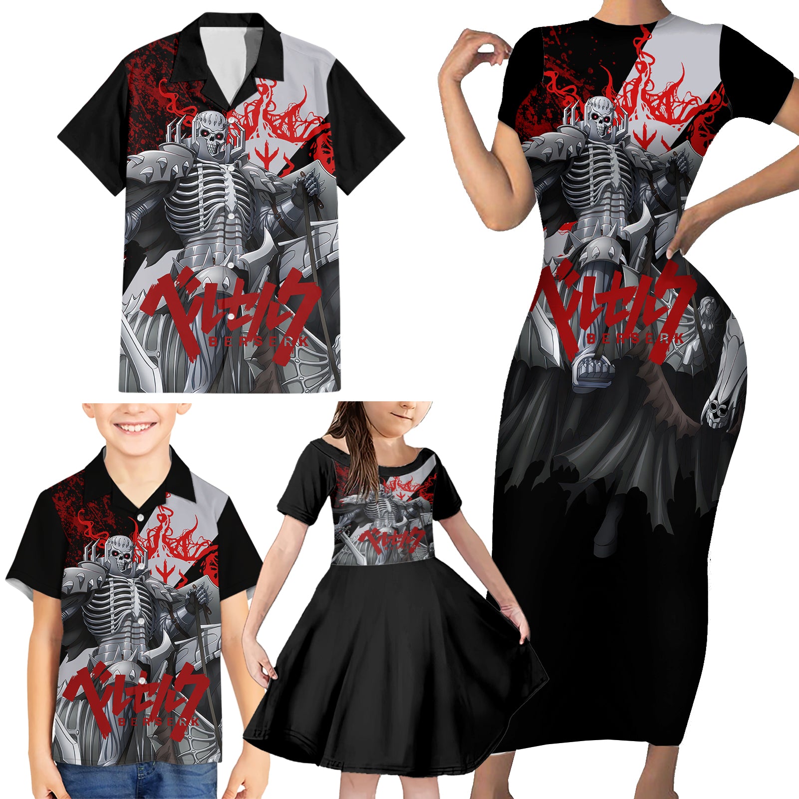 The Skull Knight Berserk Family Matching Short Sleeve Bodycon Dress and Hawaiian Shirt Black Blood Style