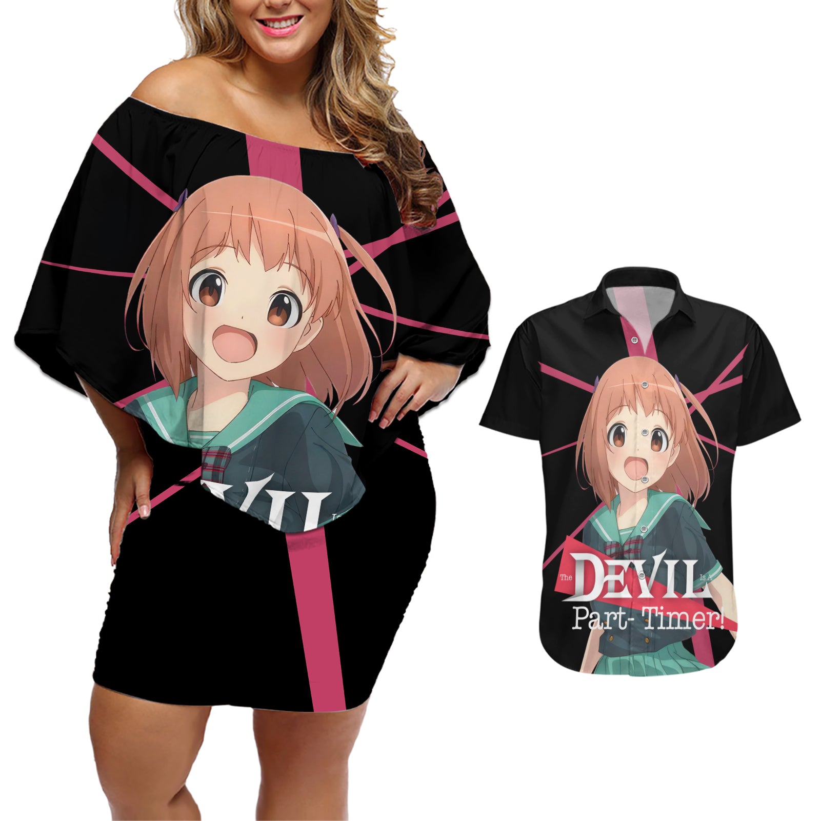 Chiho Sasaki The Devil Part Timer Couples Matching Off Shoulder Short Dress and Hawaiian Shirt Anime Style