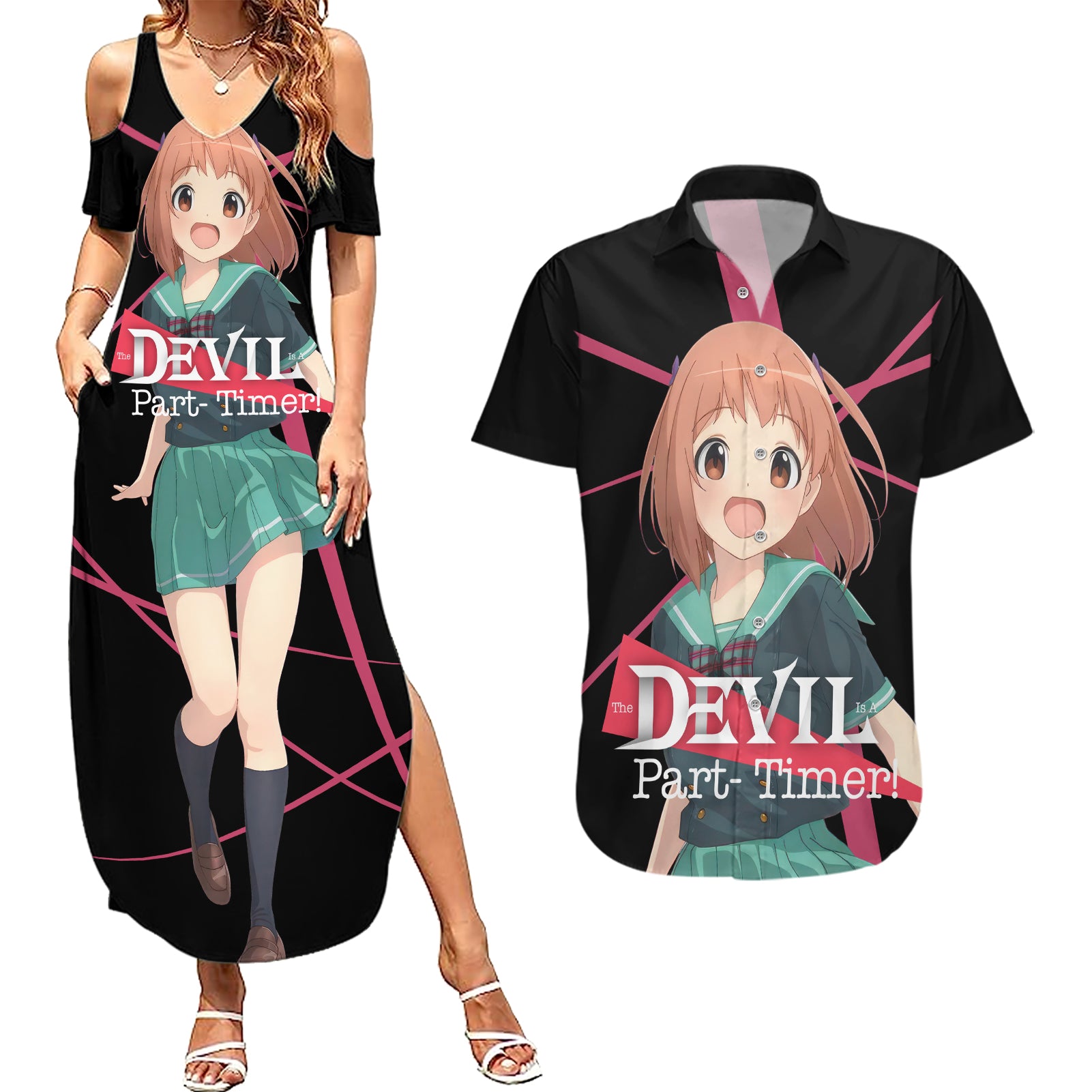 Chiho Sasaki The Devil Part Timer Couples Matching Summer Maxi Dress and Hawaiian Shirt Anime Style