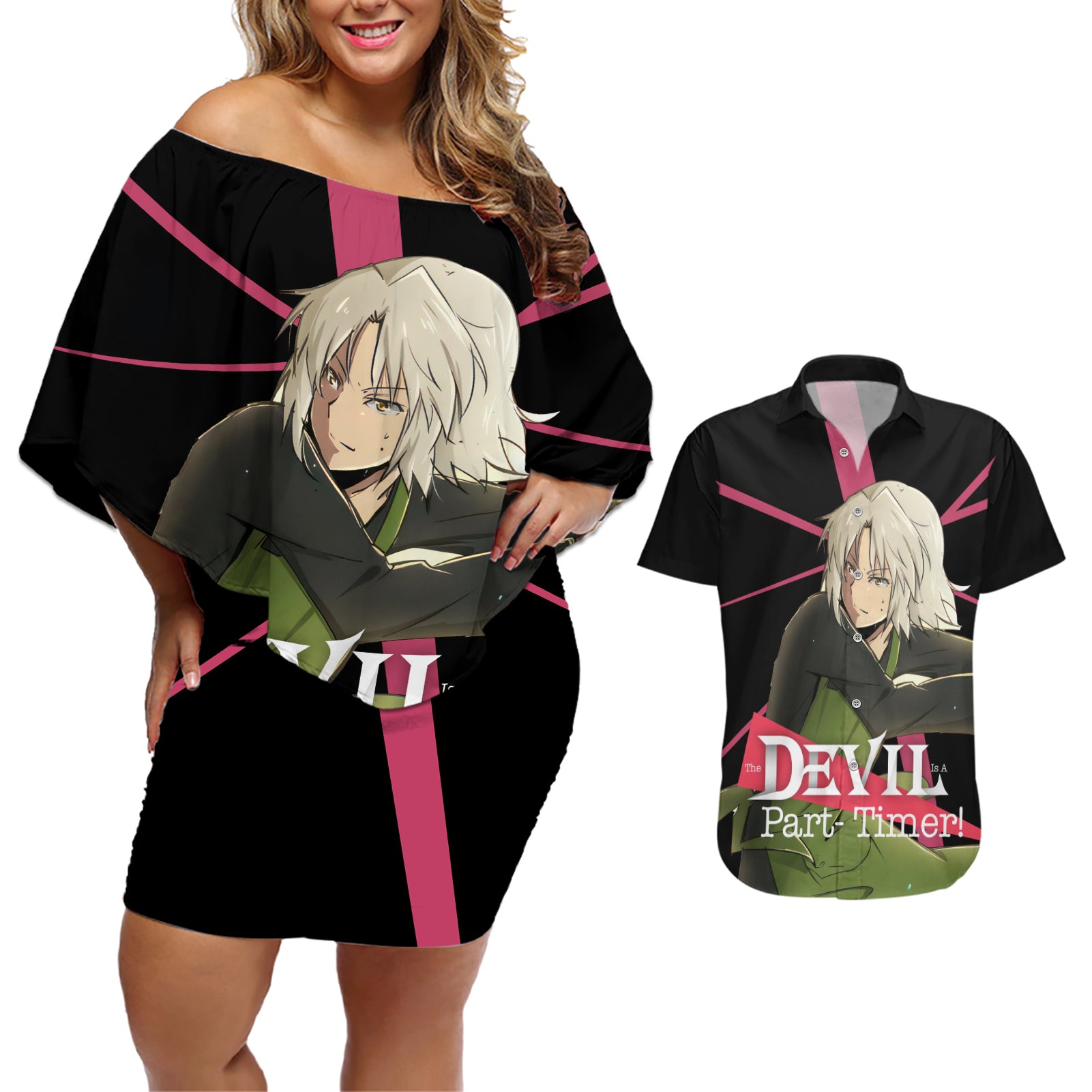 Shiro Ashiya The Devil Part Timer Couples Matching Off Shoulder Short Dress and Hawaiian Shirt Anime Style