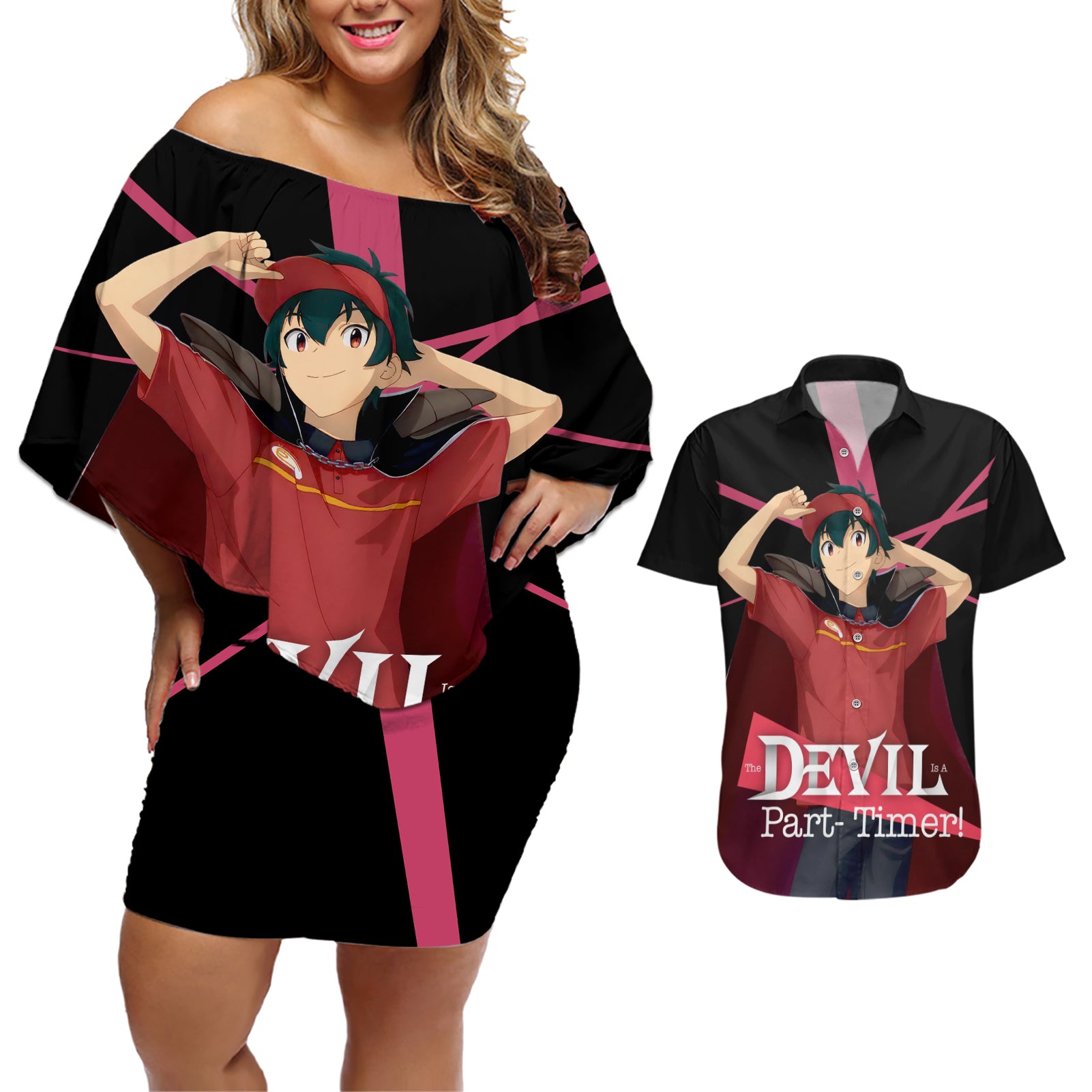 Sadao Maou The Devil Part Timer Couples Matching Off Shoulder Short Dress and Hawaiian Shirt Anime Style