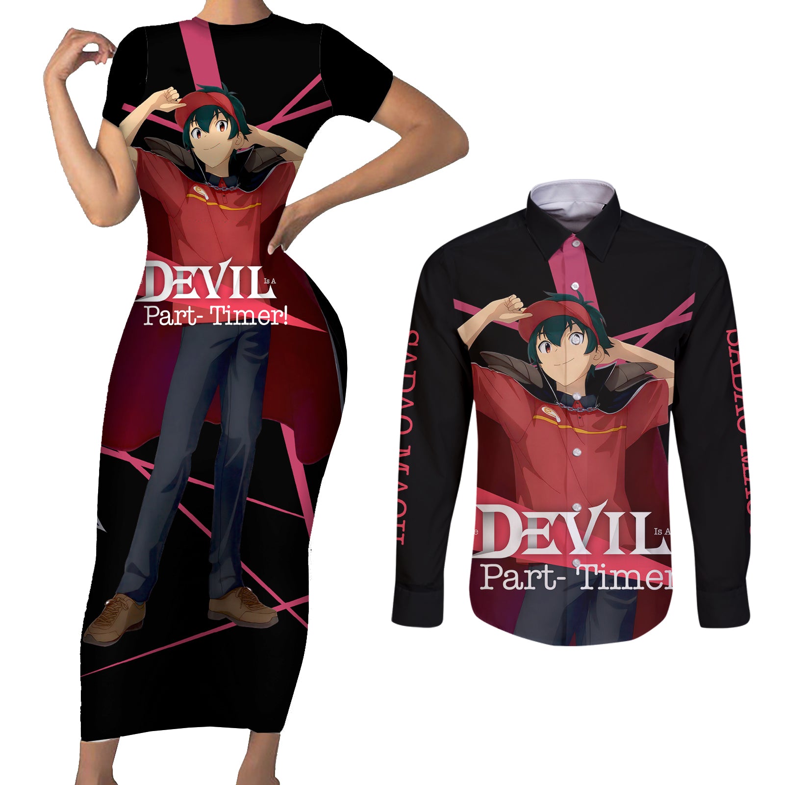 Sadao Maou The Devil Part Timer Couples Matching Short Sleeve Bodycon Dress and Long Sleeve Button Shirt Anime Style