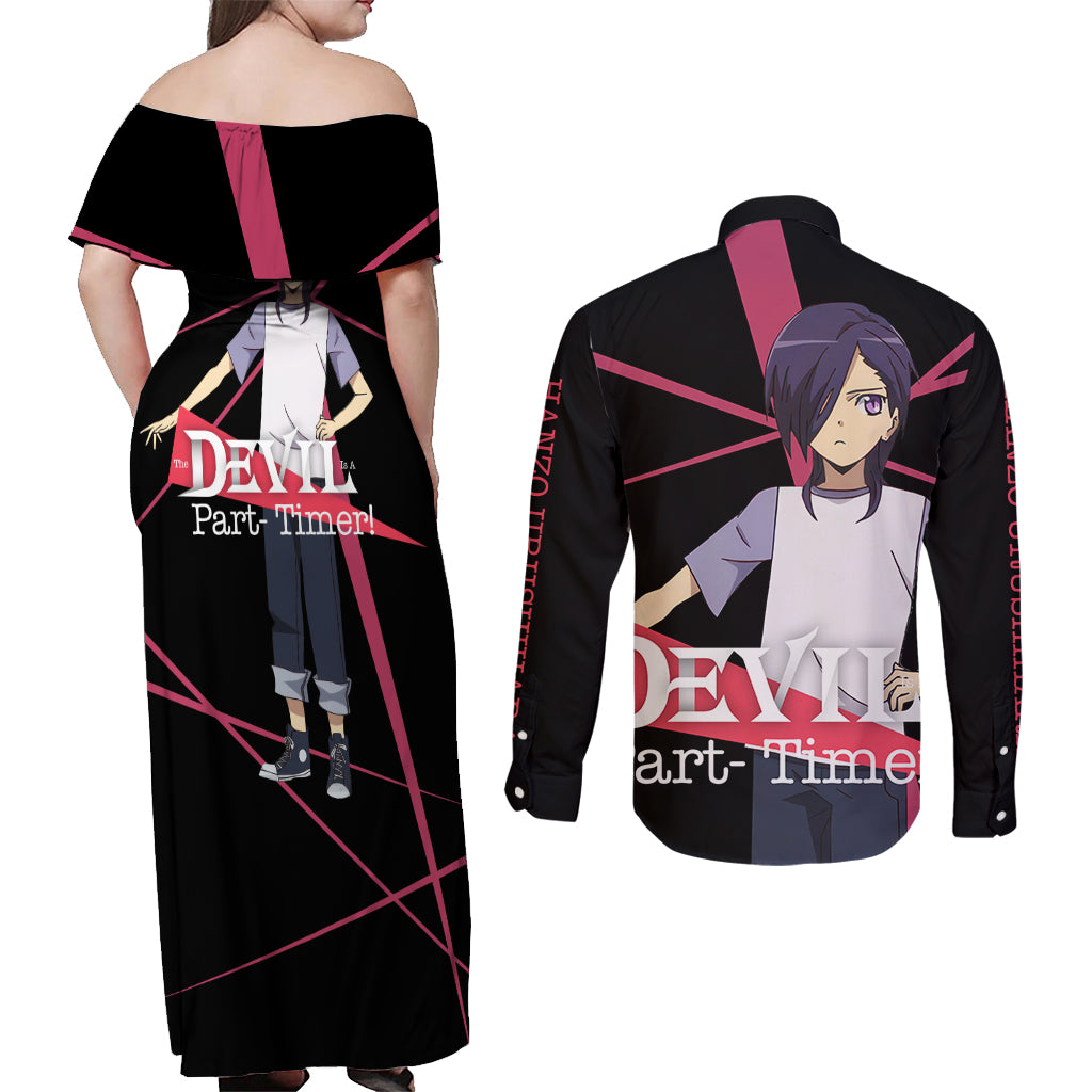 Hanzo Urushihara The Devil Part Timer Couples Matching Off Shoulder Maxi Dress and Long Sleeve Button Shirt Anime Style