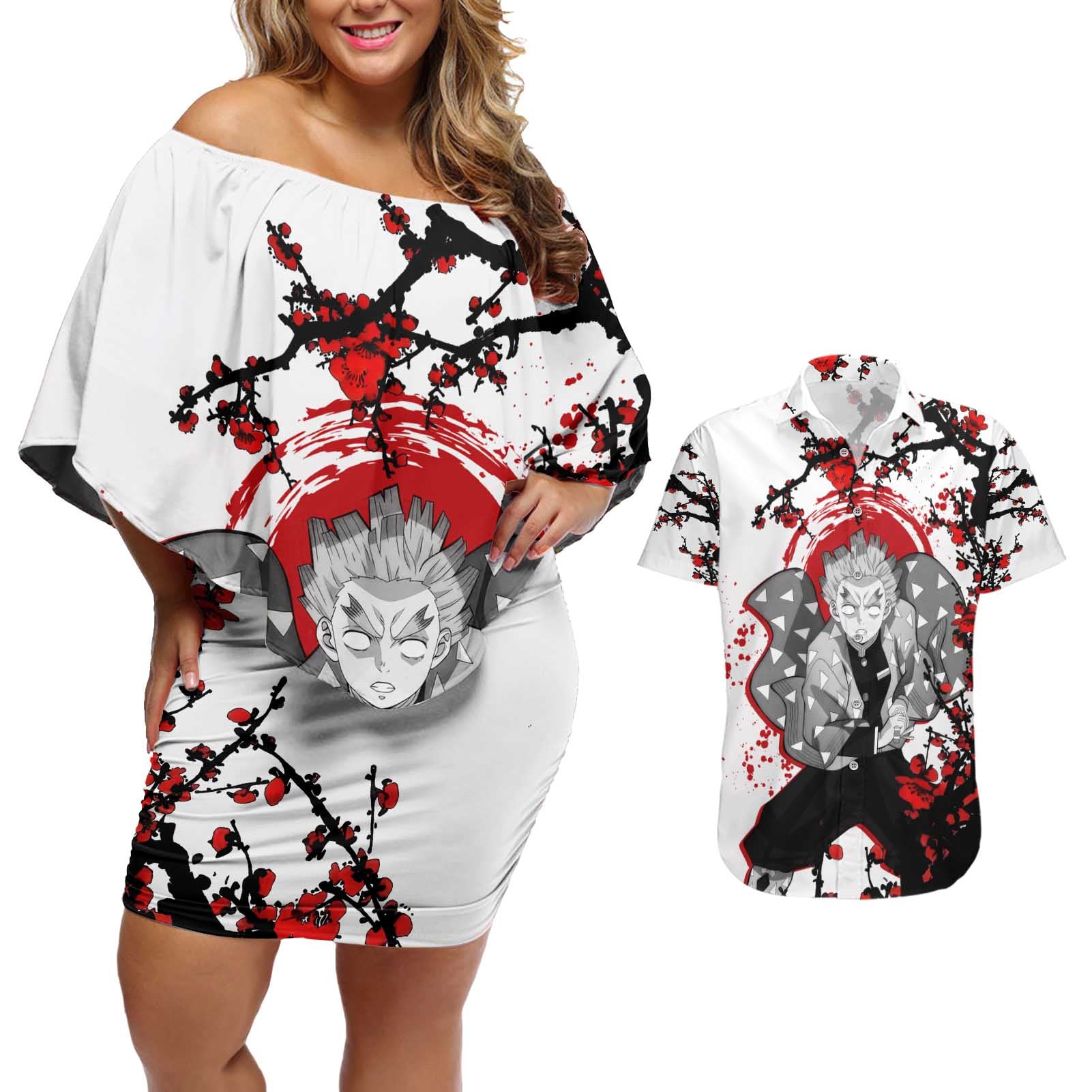 Zenitsu Agatsuma - Demon Slayer Couples Matching Off Shoulder Short Dress and Hawaiian Shirt Anime Japan Style