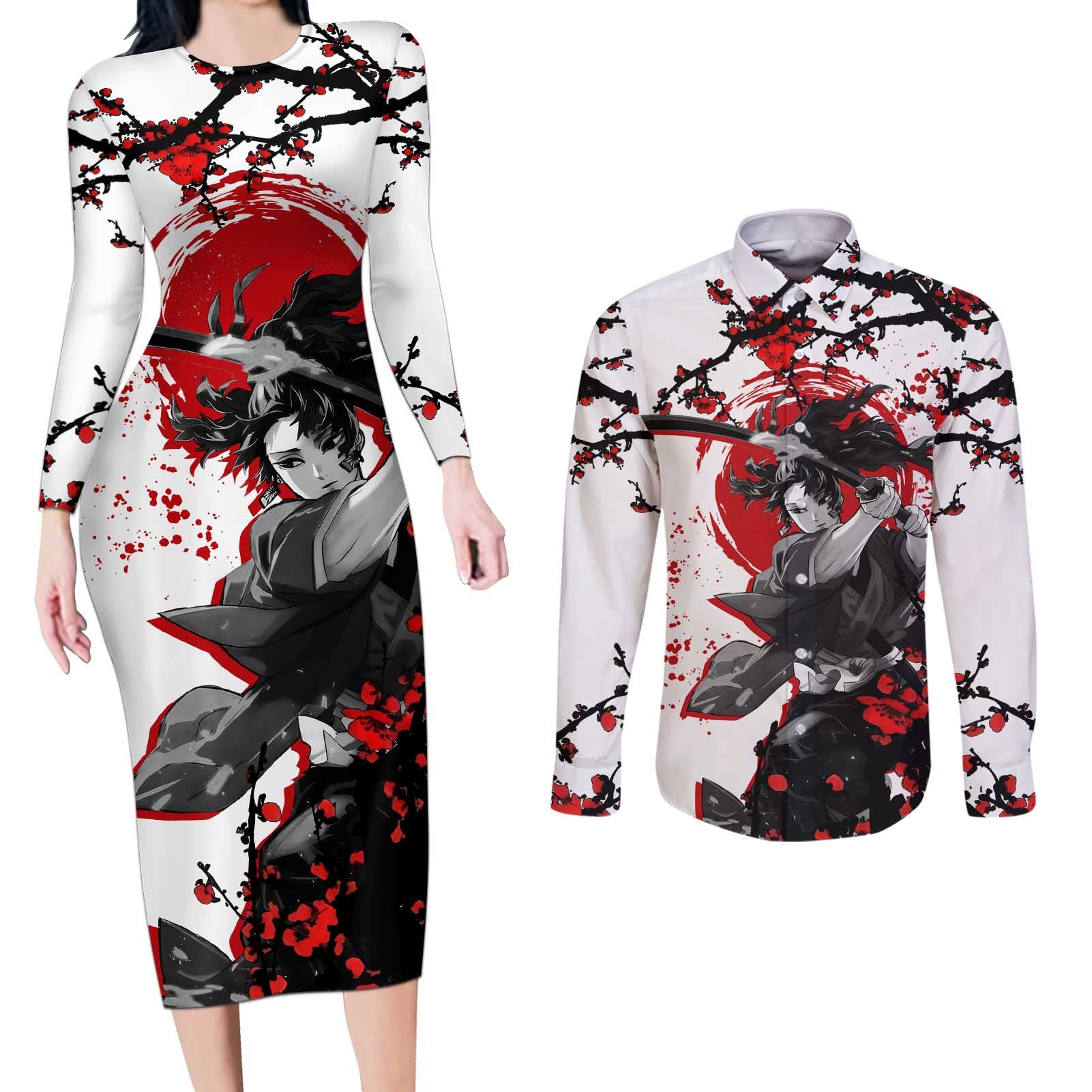 Yoriichi Tsugikuni - Demon Slayer Couples Matching Long Sleeve Bodycon Dress and Long Sleeve Button Shirt Anime Japan Style