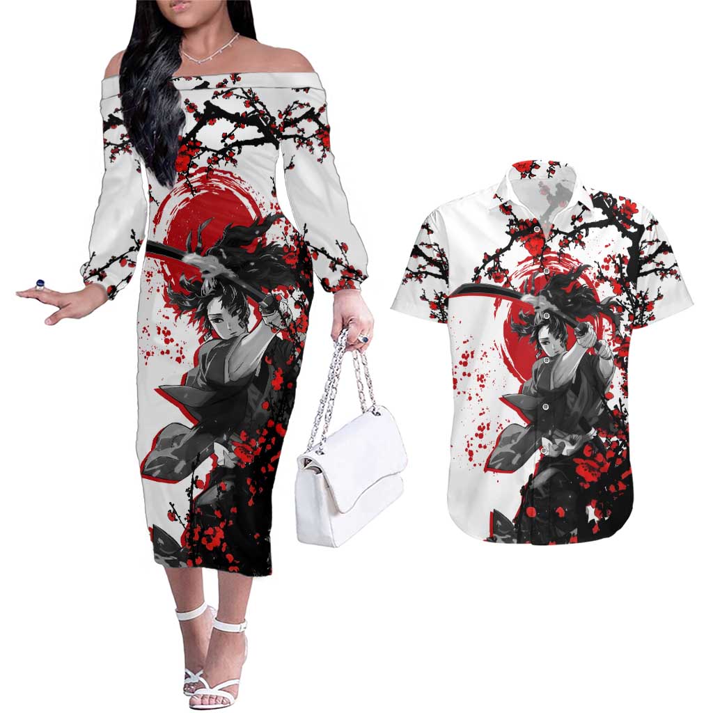 Yoriichi Tsugikuni - Demon Slayer Couples Matching Off The Shoulder Long Sleeve Dress and Hawaiian Shirt Anime Japan Style