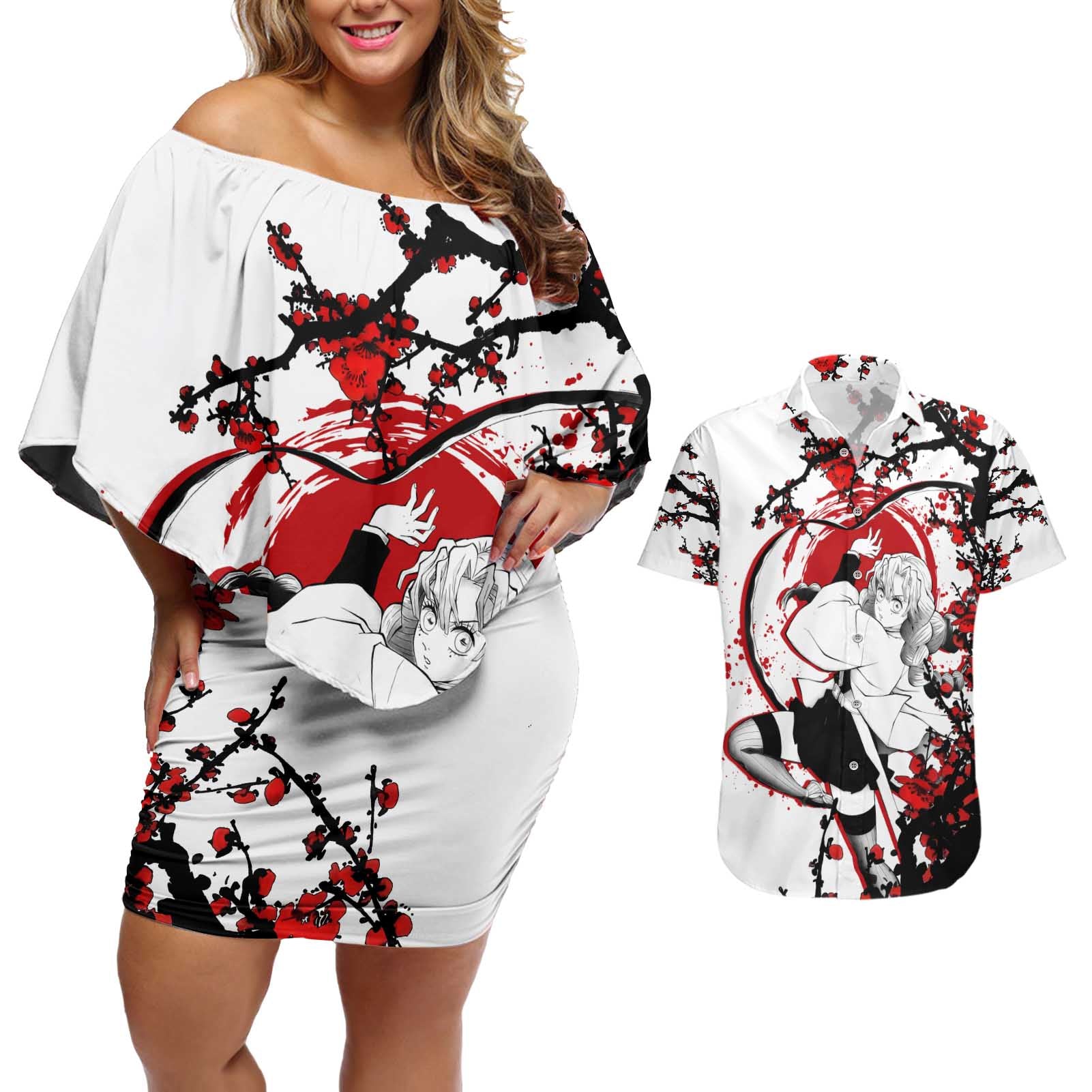 Mitsuri Kanroji - Demon Slayer Couples Matching Off Shoulder Short Dress and Hawaiian Shirt Anime Japan Style