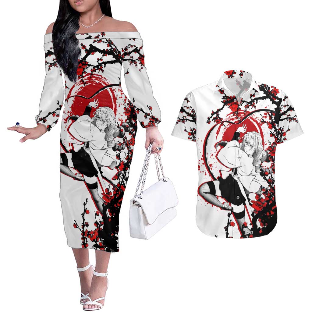 Mitsuri Kanroji - Demon Slayer Couples Matching Off The Shoulder Long Sleeve Dress and Hawaiian Shirt Anime Japan Style