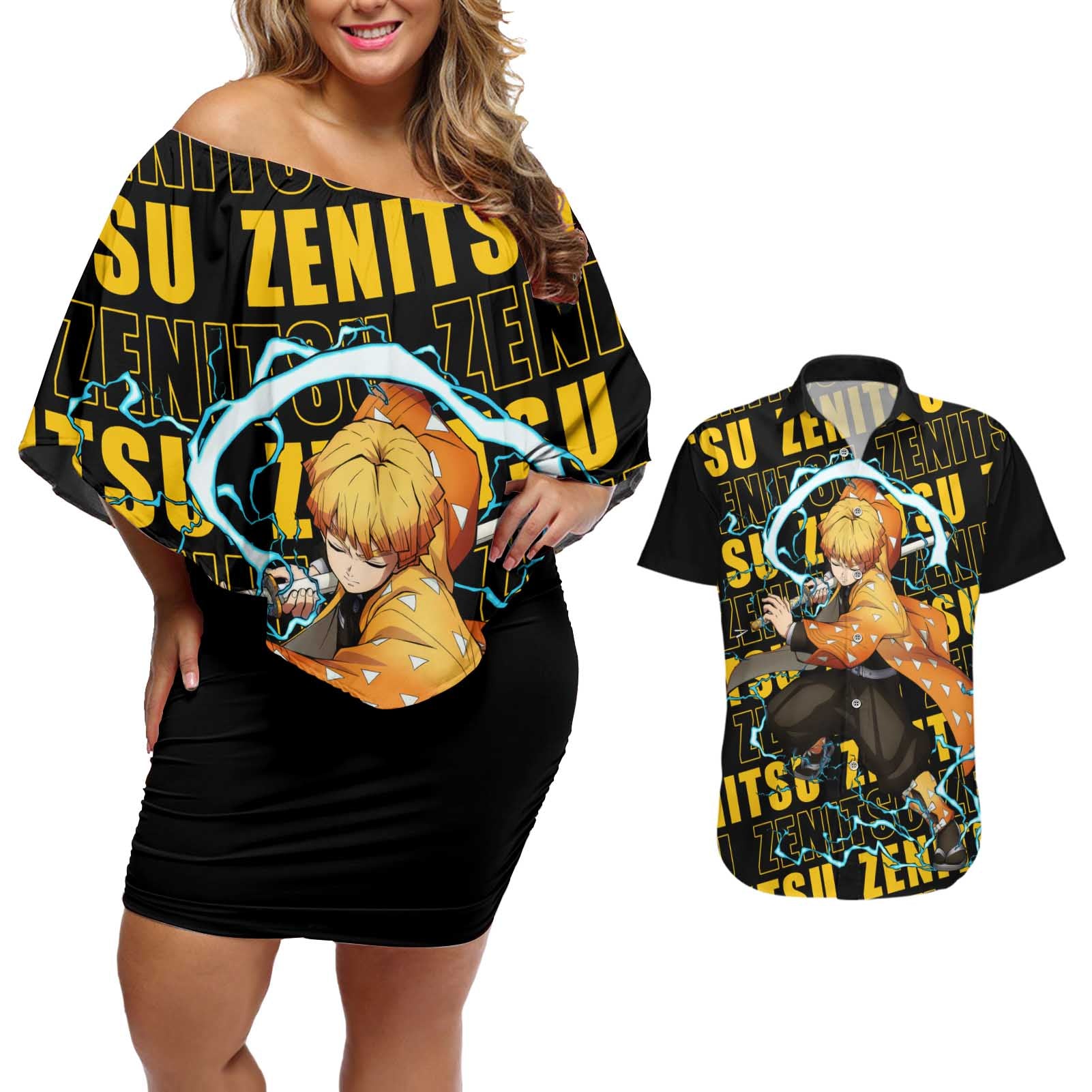 Zenitsu Agatsuma - Demon Slayer Couples Matching Off Shoulder Short Dress and Hawaiian Shirt Anime Style