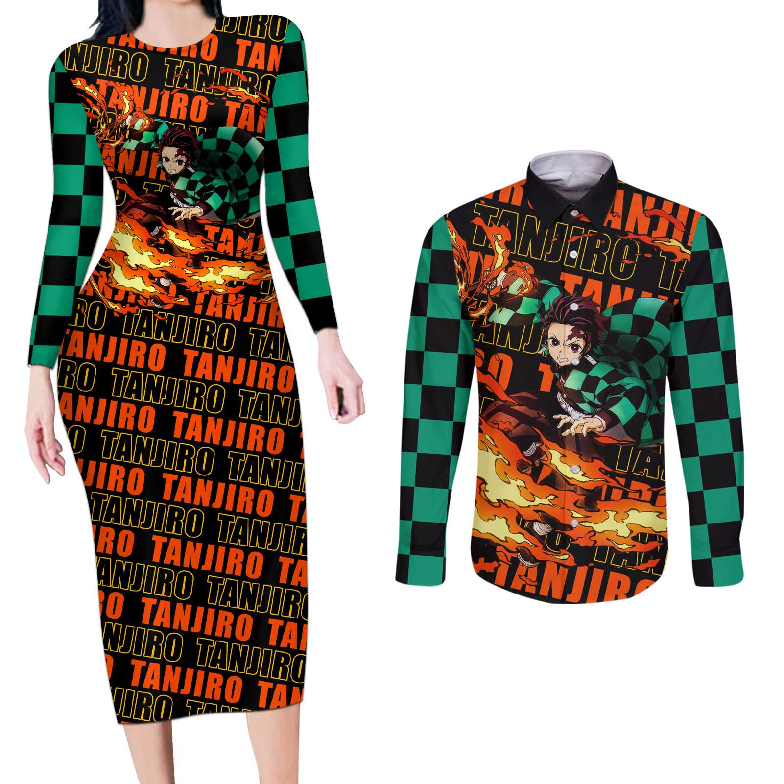 Tanjiro Kamado - Demon Slayer Couples Matching Long Sleeve Bodycon Dress and Long Sleeve Button Shirt Anime Style