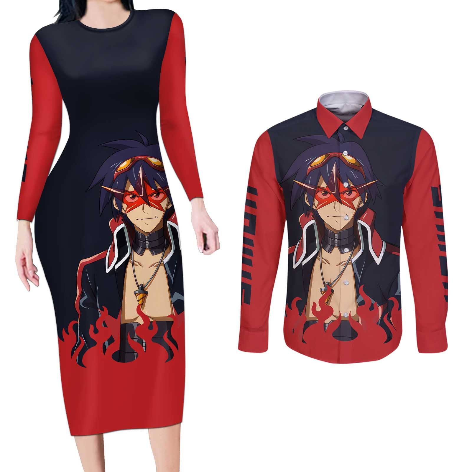 Simon - Tengen Toppa Guren Lagann Couples Matching Long Sleeve Bodycon Dress and Long Sleeve Button Shirt Anime Style