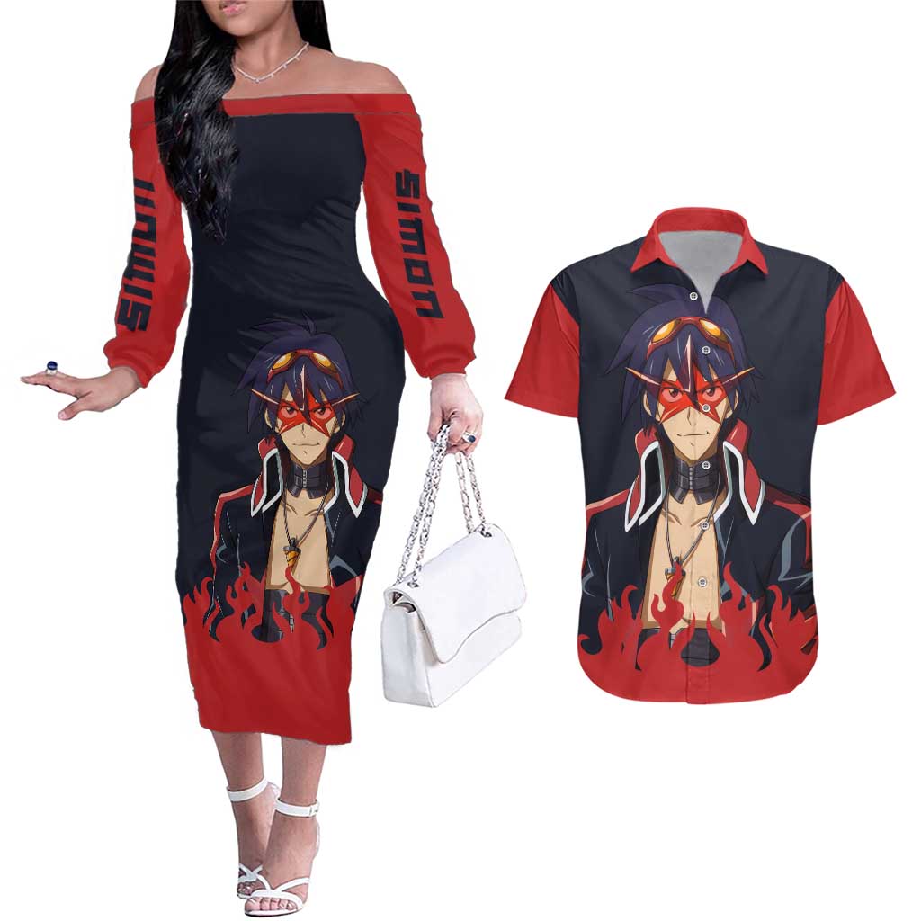 Simon - Tengen Toppa Guren Lagann Couples Matching Off The Shoulder Long Sleeve Dress and Hawaiian Shirt Anime Style